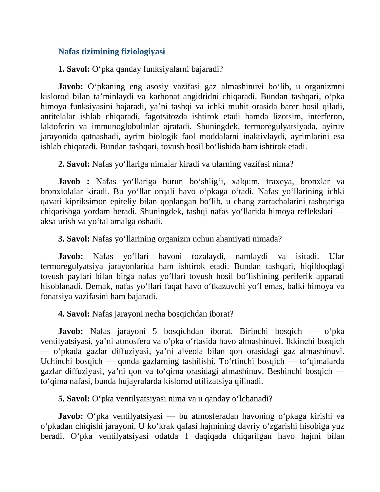 Nafas tizimining fiziologiyasi 1