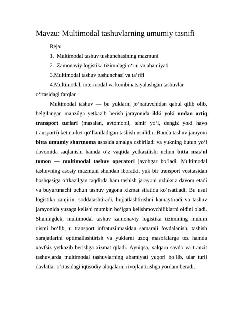 Multimodal tashuvlarning umumiy tasnifi 1