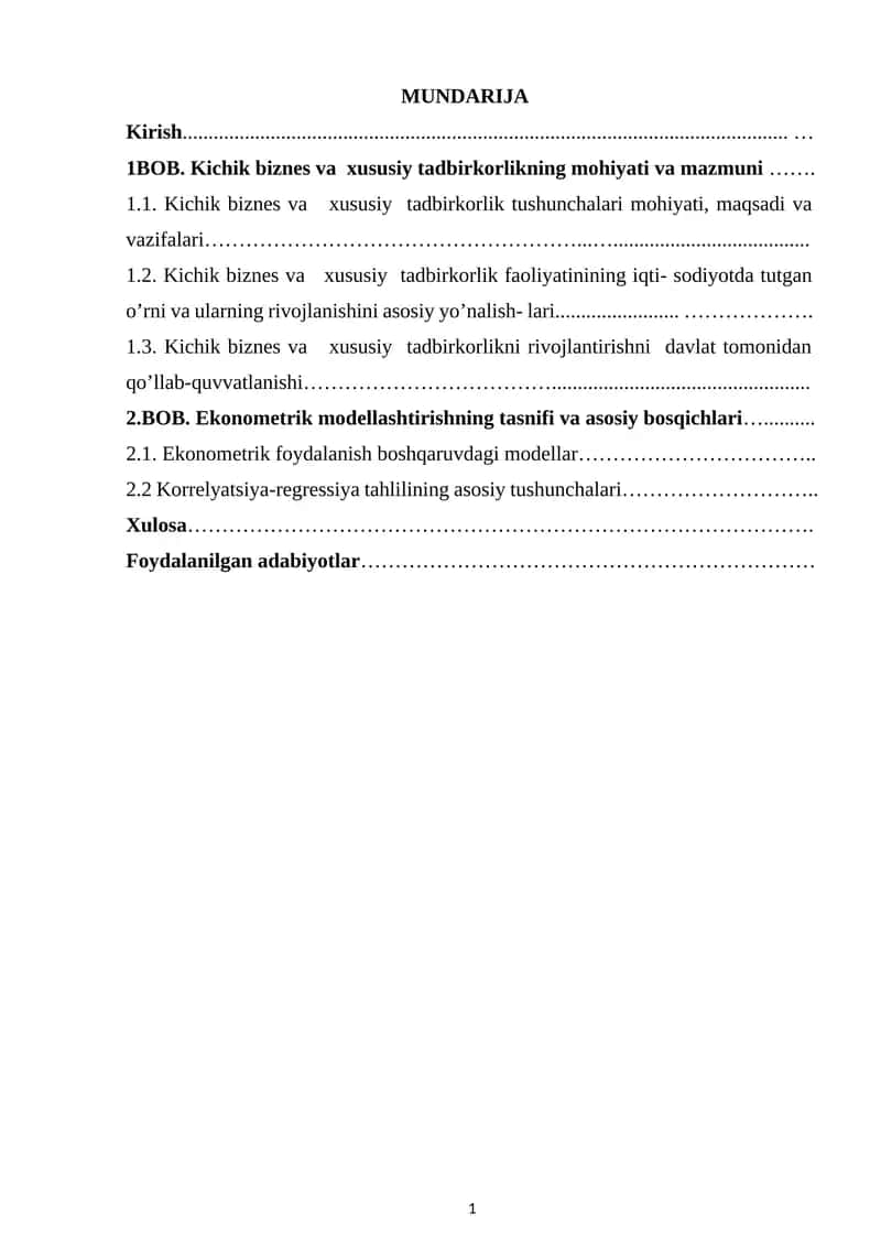 Kichik biznes va xususiy tadbirkorlikning mohiyati va mazmuni 1