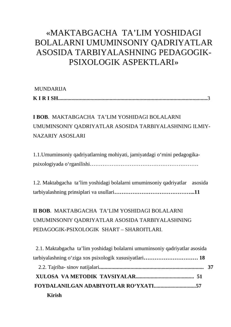 MAKTABGACHA TA’LIM YOSHIDAGI BOLALARNI UMUMINSONIY QADRIYATLAR ASOSIDA TARBIYALASHNING PEDAGOGIK-PSIXOLOGIK ASPEKTLARI 1