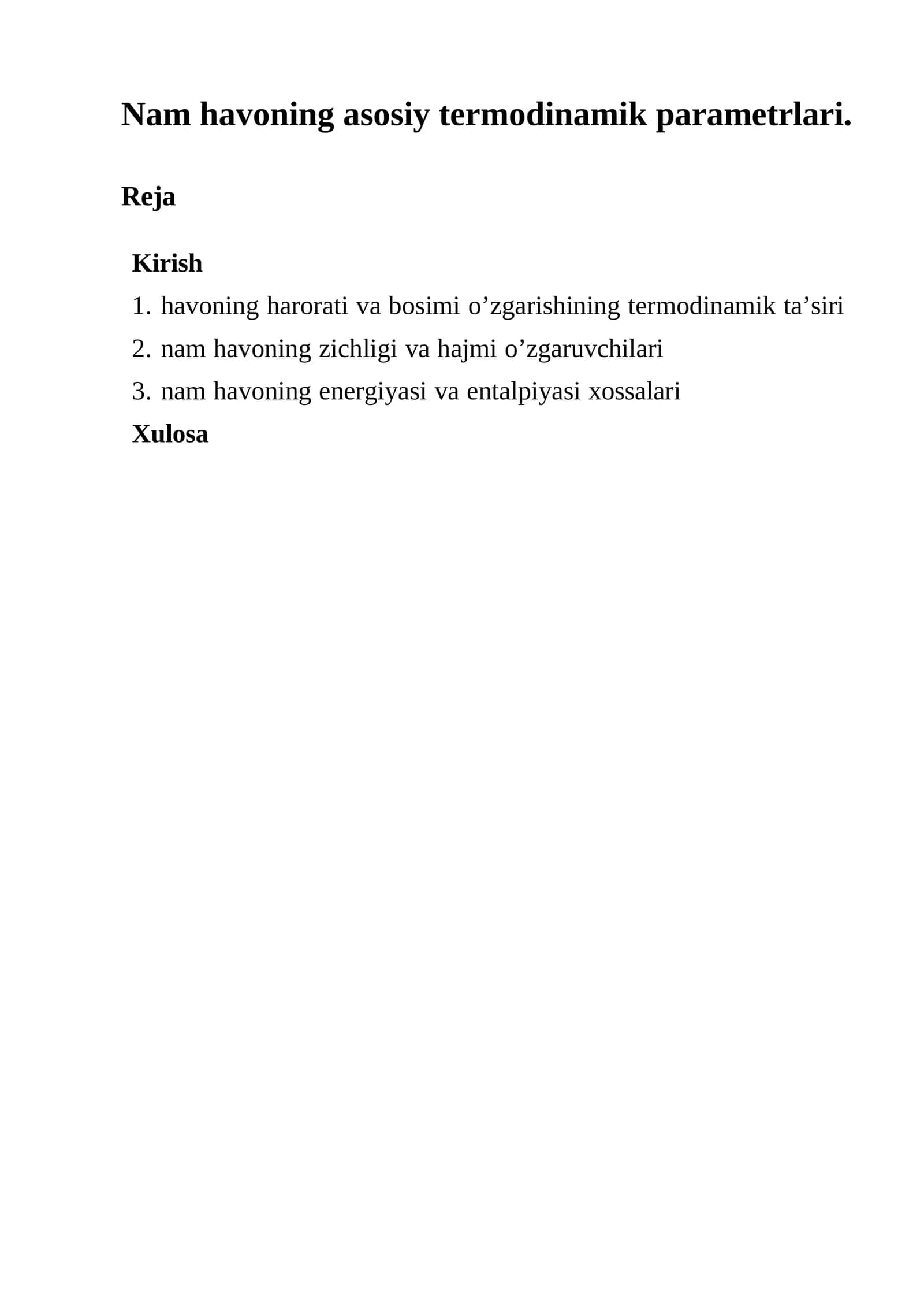 Havoning harorati va bosimi o’zgarishining termodinamik ta’siri 1