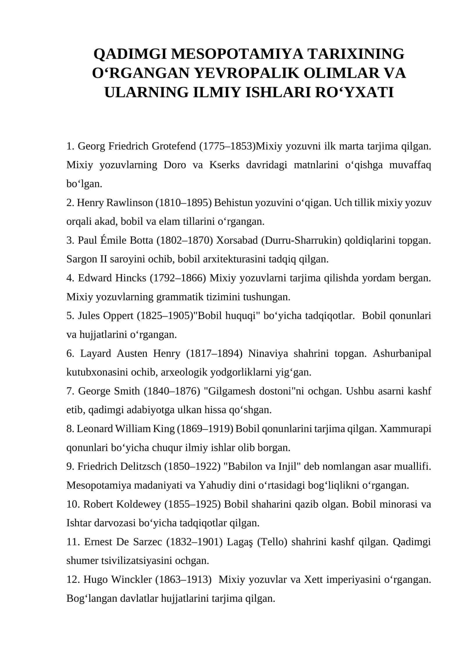 QADIMGI MESOPOTAMIYA TARIXINING O‘RGANGAN YEVROPALIK OLIMLAR VA ULARNING ILMIY ISHLARI RO‘YXATI 1
