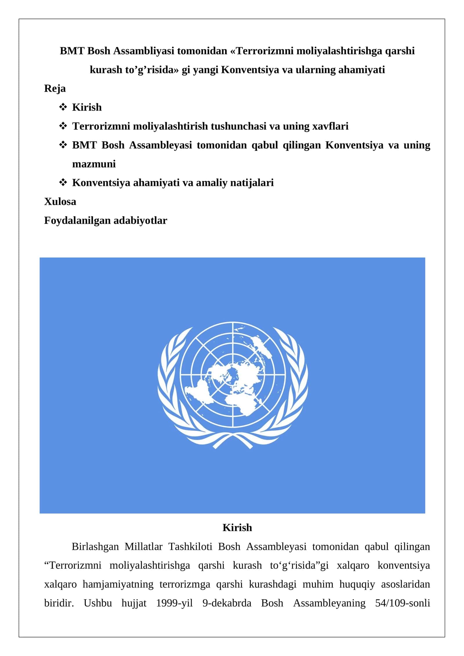 BMT Bosh Аssambliyasi tomonidan «Terrorizmni moliyalashtirishga qarshi kurash toʼ 1