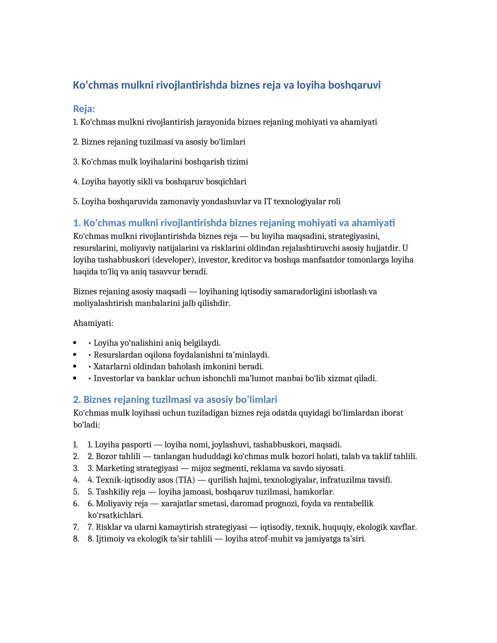 Ko‘chmas mulkni rivojlantirishda biznes reja va loyiha boshqaruvi 1