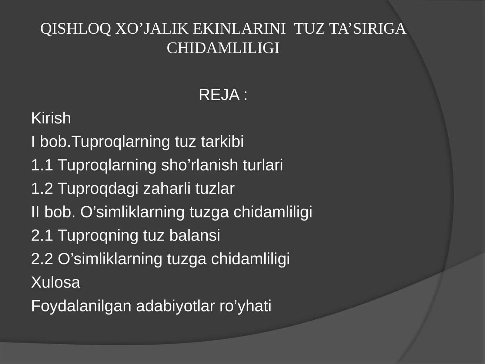 QISHLOQ XO’JALIK EKINLARINI TUZ TA’SIRIGA CHIDAMLILIGI 1