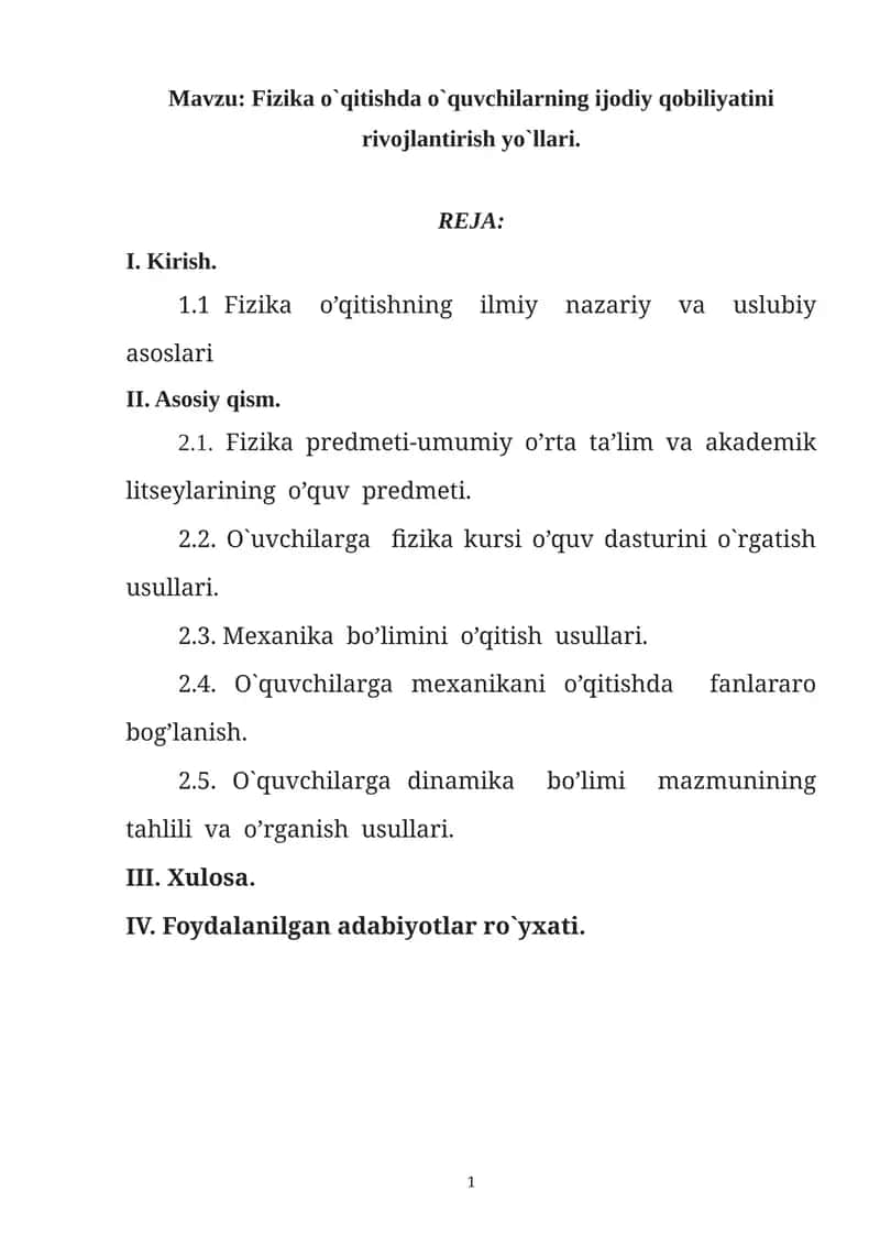 Fizika o`qitishda o`quvchilarning ijodiy qobiliyatini rivojlantirish yo`llari 1