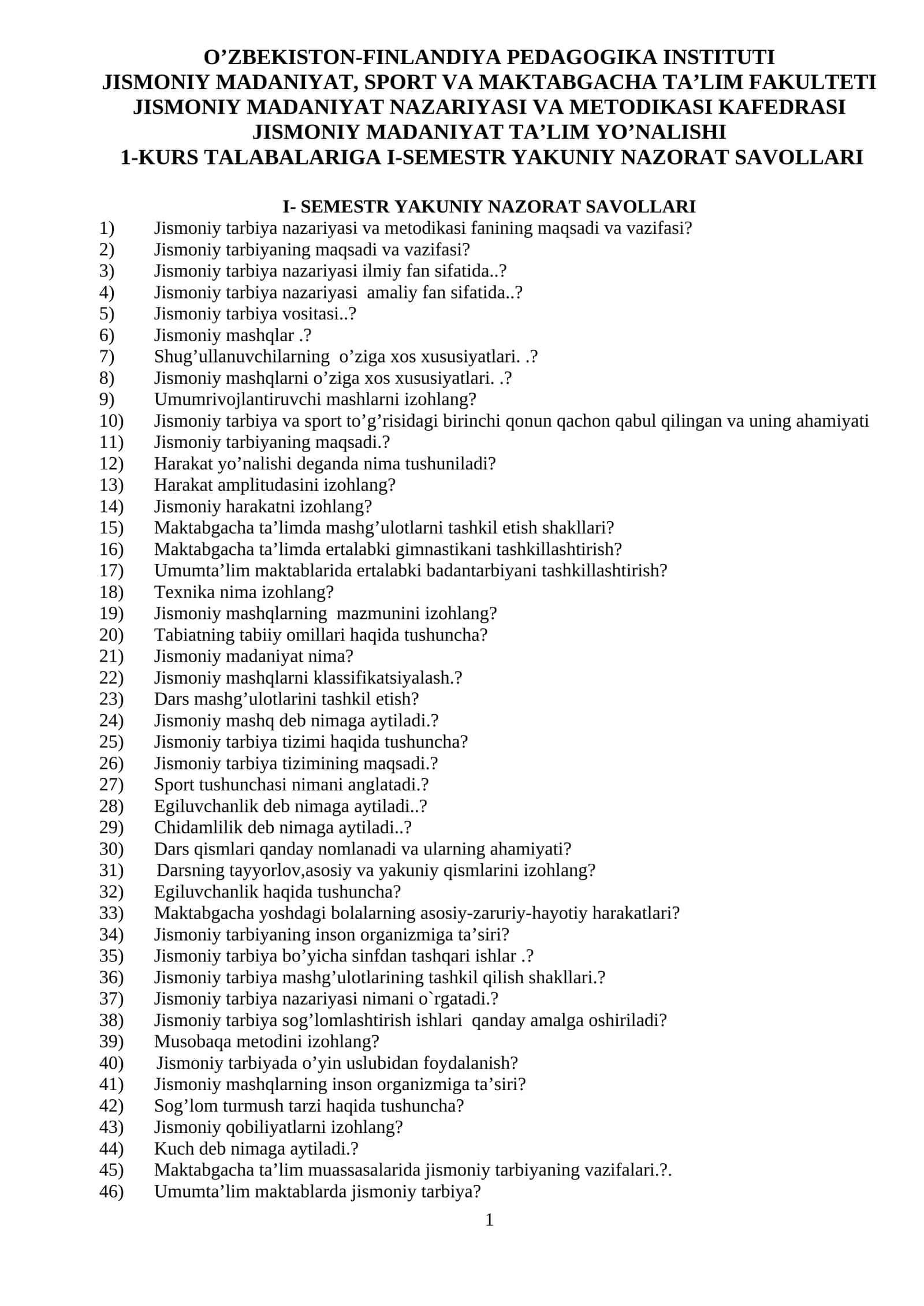 I-semestr yakuniy nazorat savollari 1