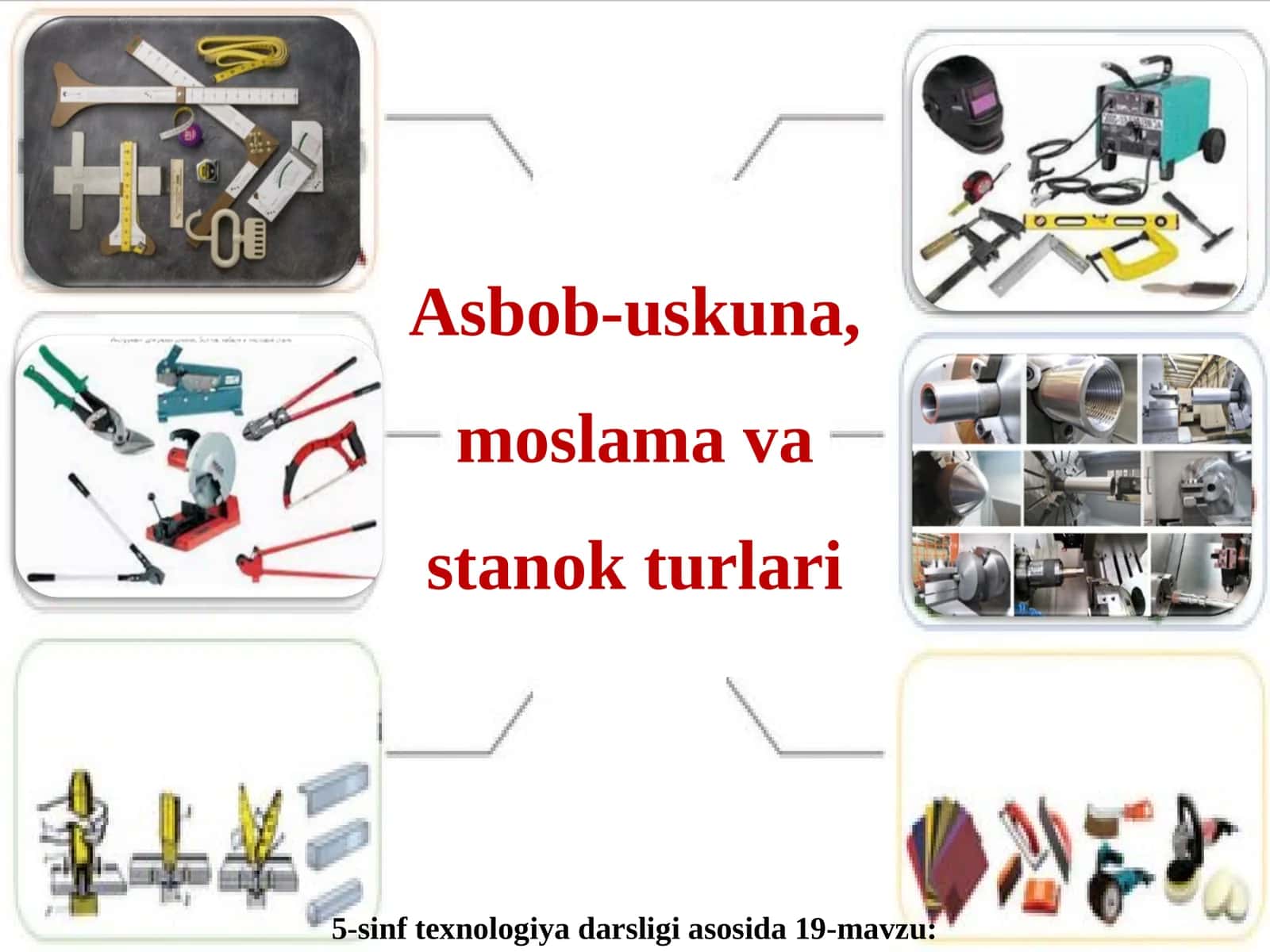 5-sinf texnologiya darsligi asosida 19-mavzu: Asbob-uskuna, moslama va stanok turlari 1