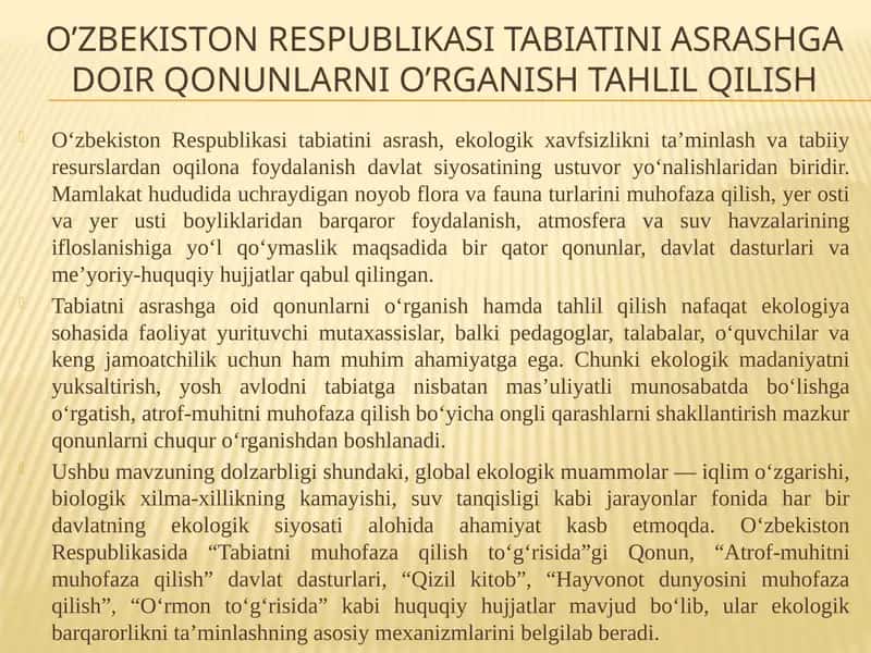 O’zbekiston respublikasi tabiatini asrashga doir qonunlarni o’rganish tahlil qilish 1