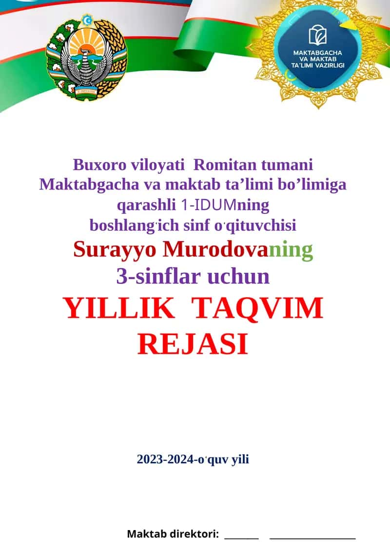 3-sinflar uchun YILLIK TAQVIM REJASI 1