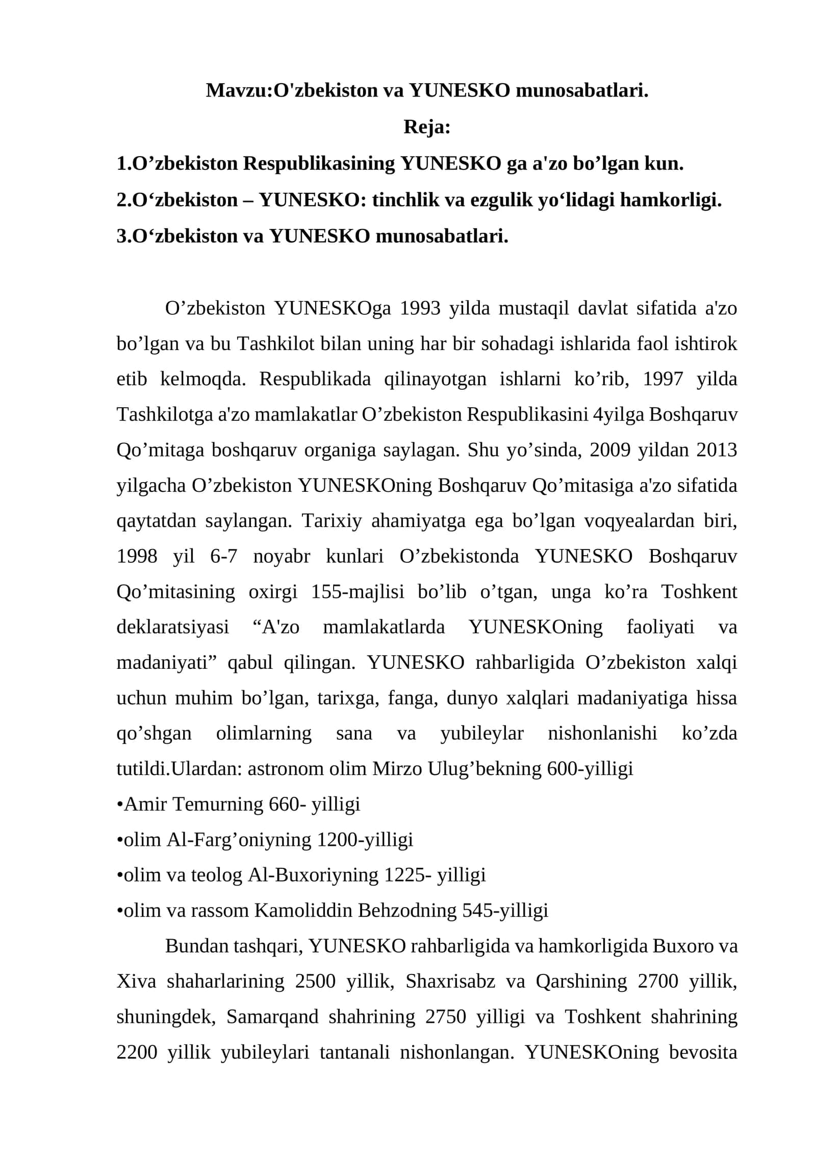 O'zbekiston va YUNESKO munosabatlari 1