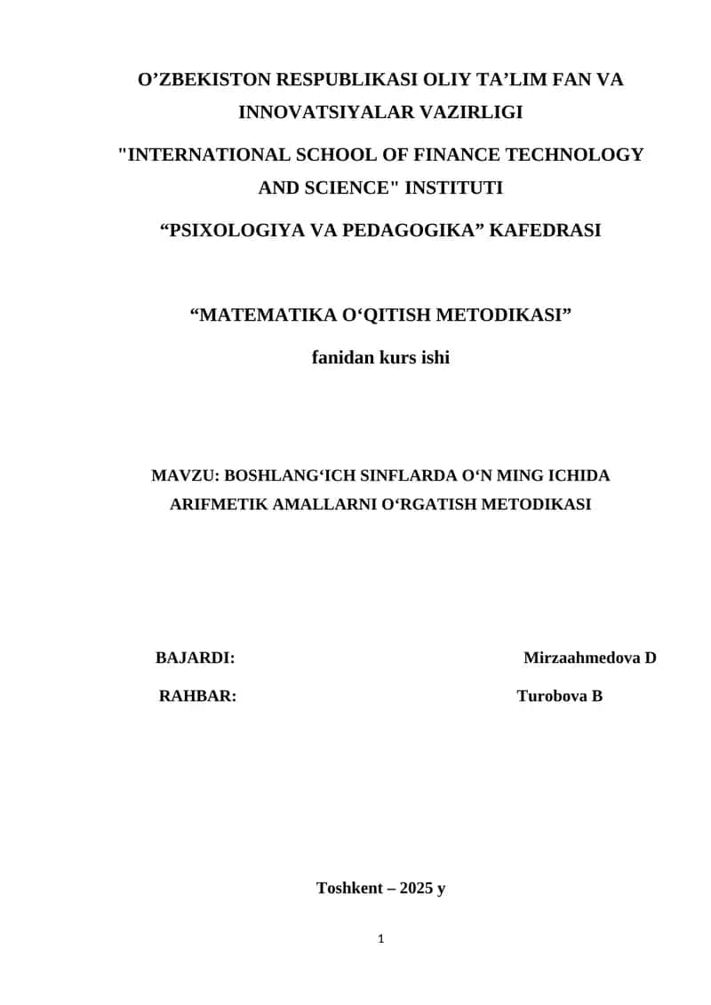 BOSHLANG‘ICH SINFLARDA O‘N MING ICHIDA ARIFMETIK AMALLARNI O‘RGATISH METODIKASI 1