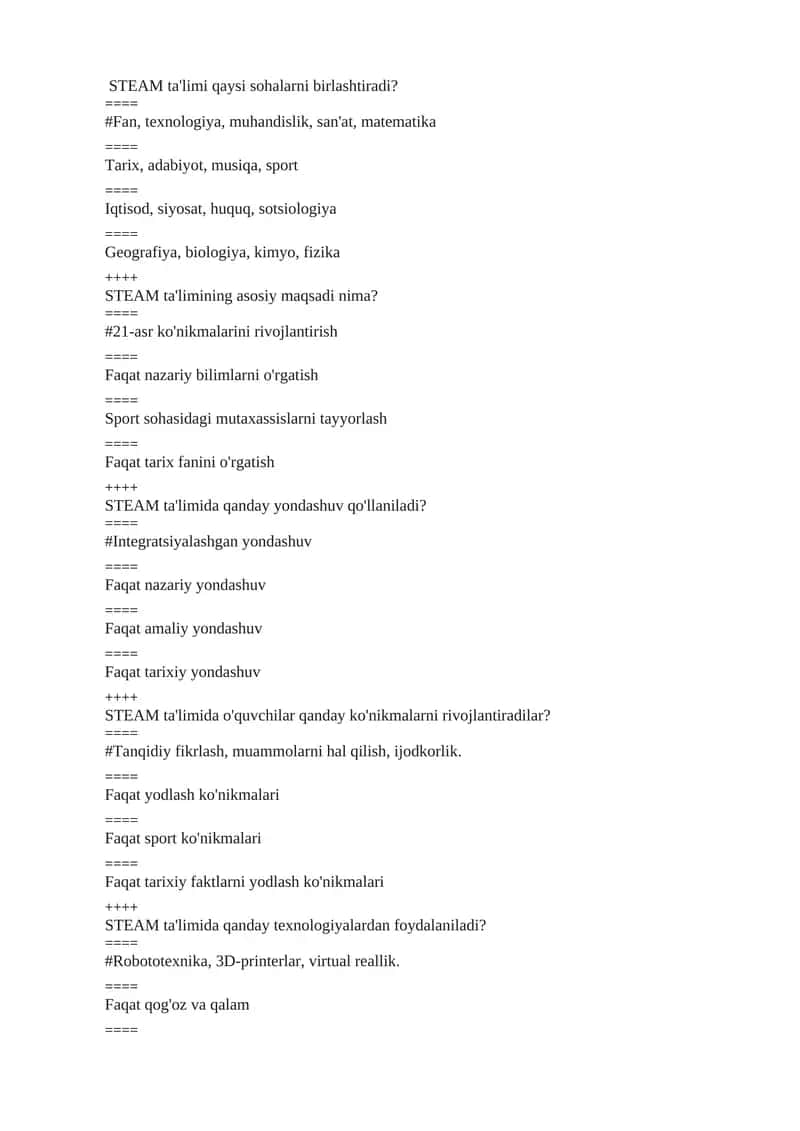 STEAM ta'limi qaysi sohalarni birlashtiradi? 1
