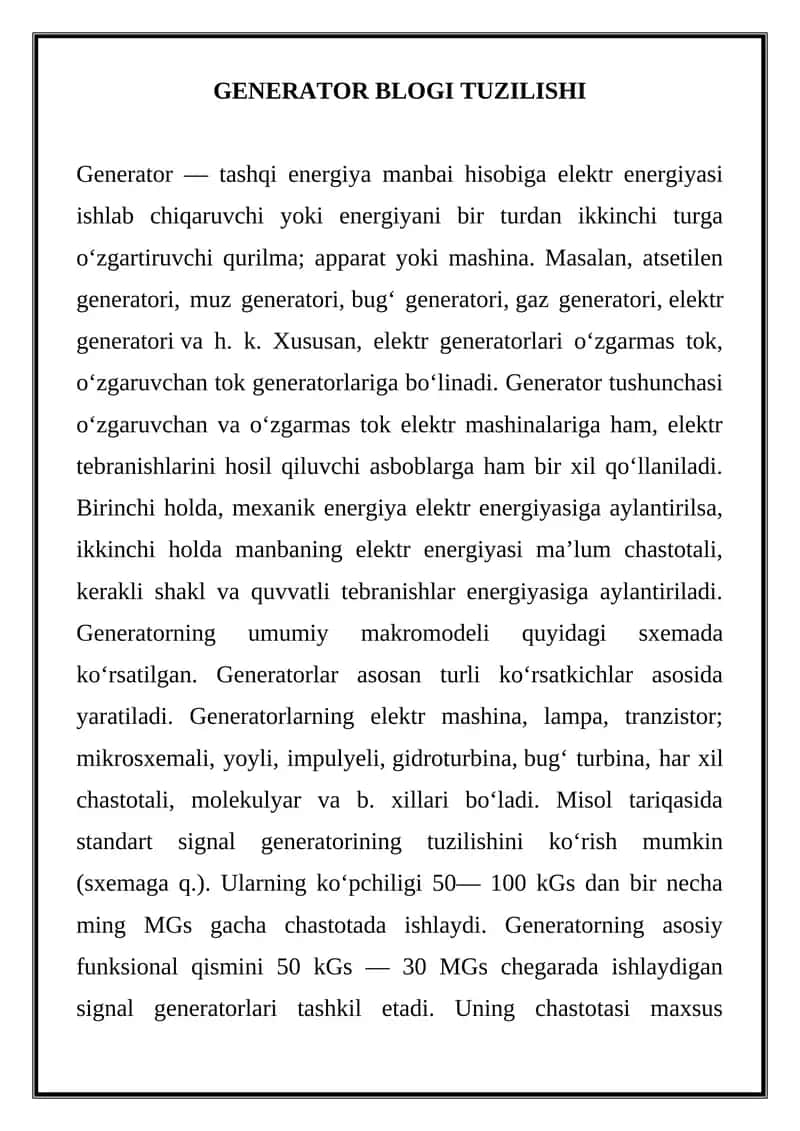 GENERATOR BLOGI TUZILISHI 1