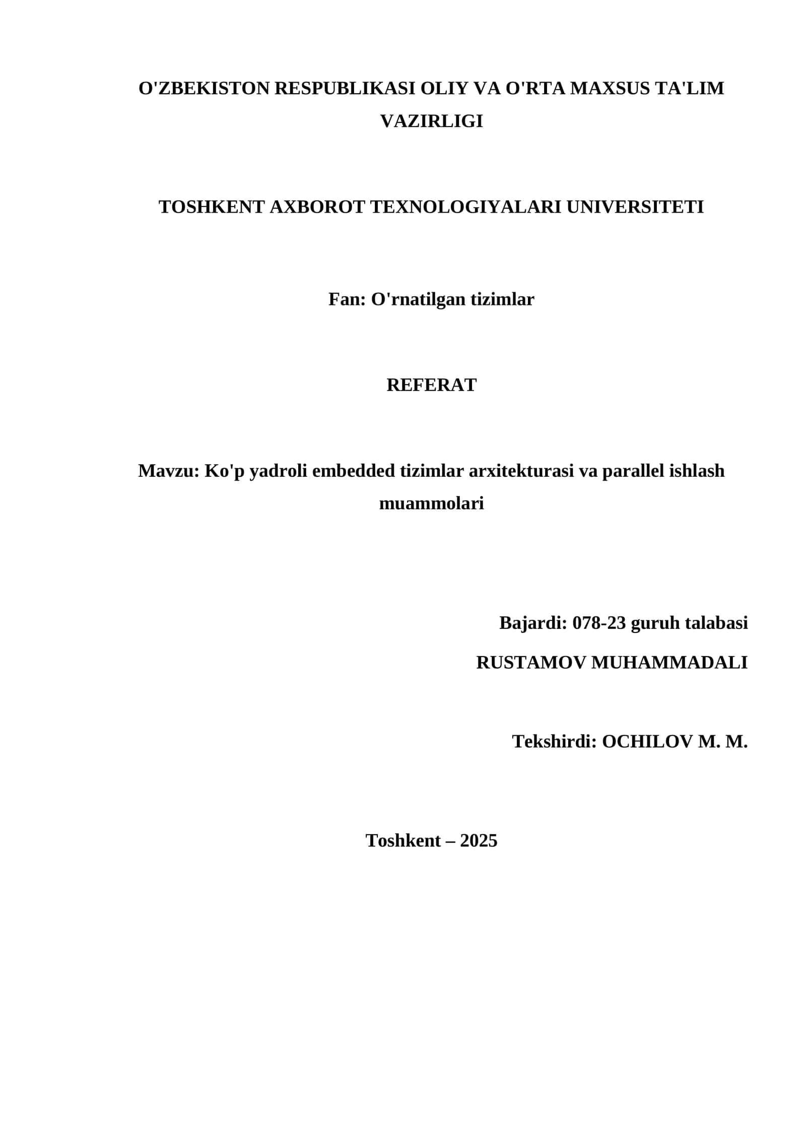 Ko'p yadroli embedded tizimlar arxitekturasi va parallel ishlash muammolari 1