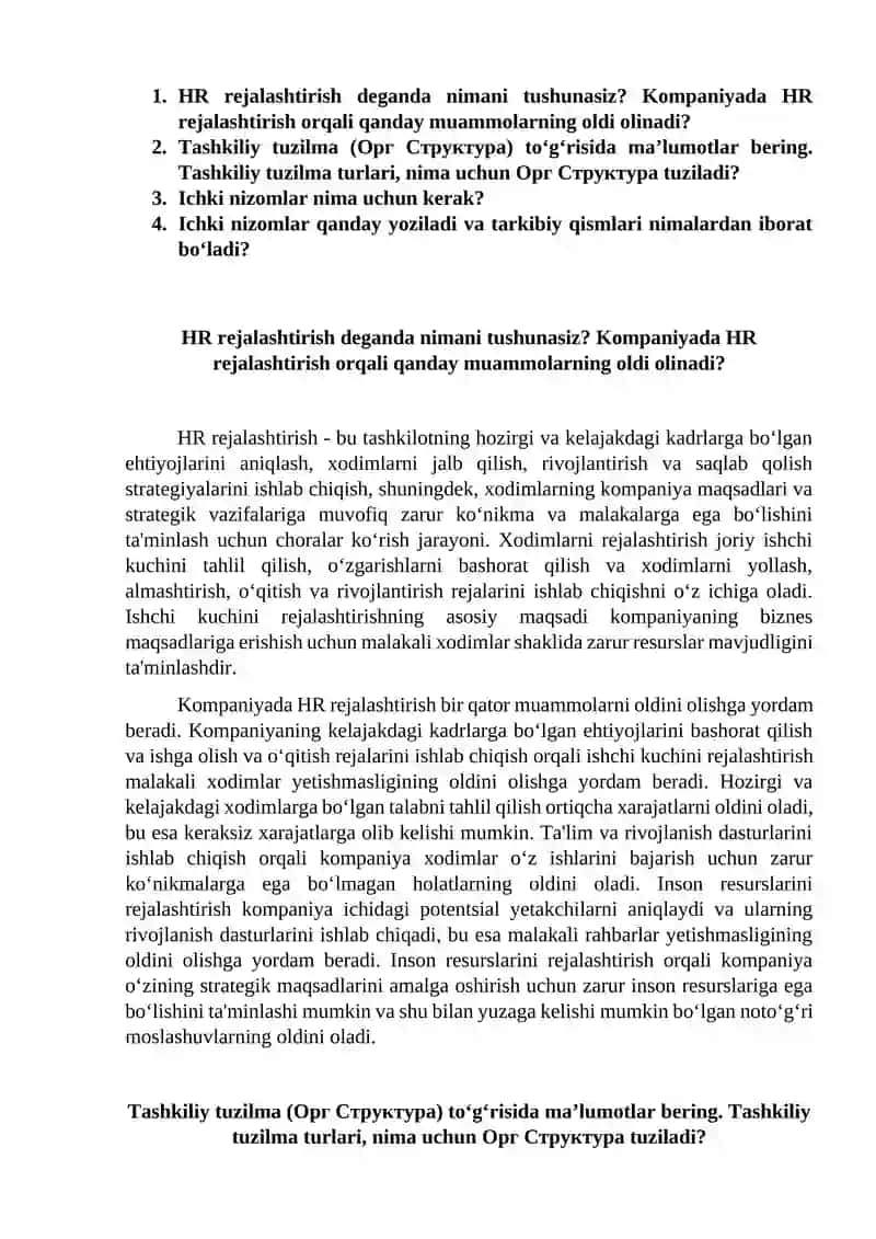 HR rejalashtirish
