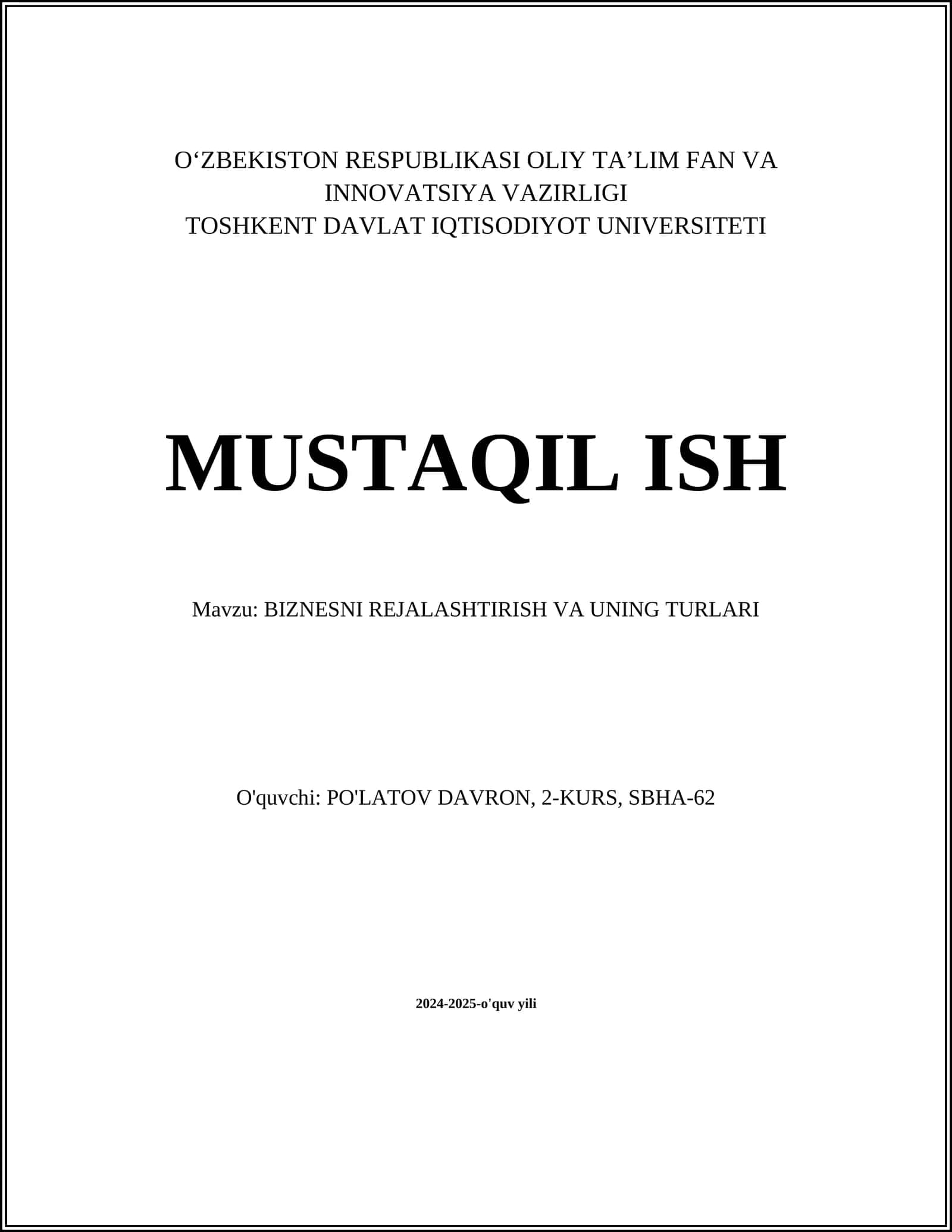 Biznes rejasi: tushunchasi va tarkibi 1