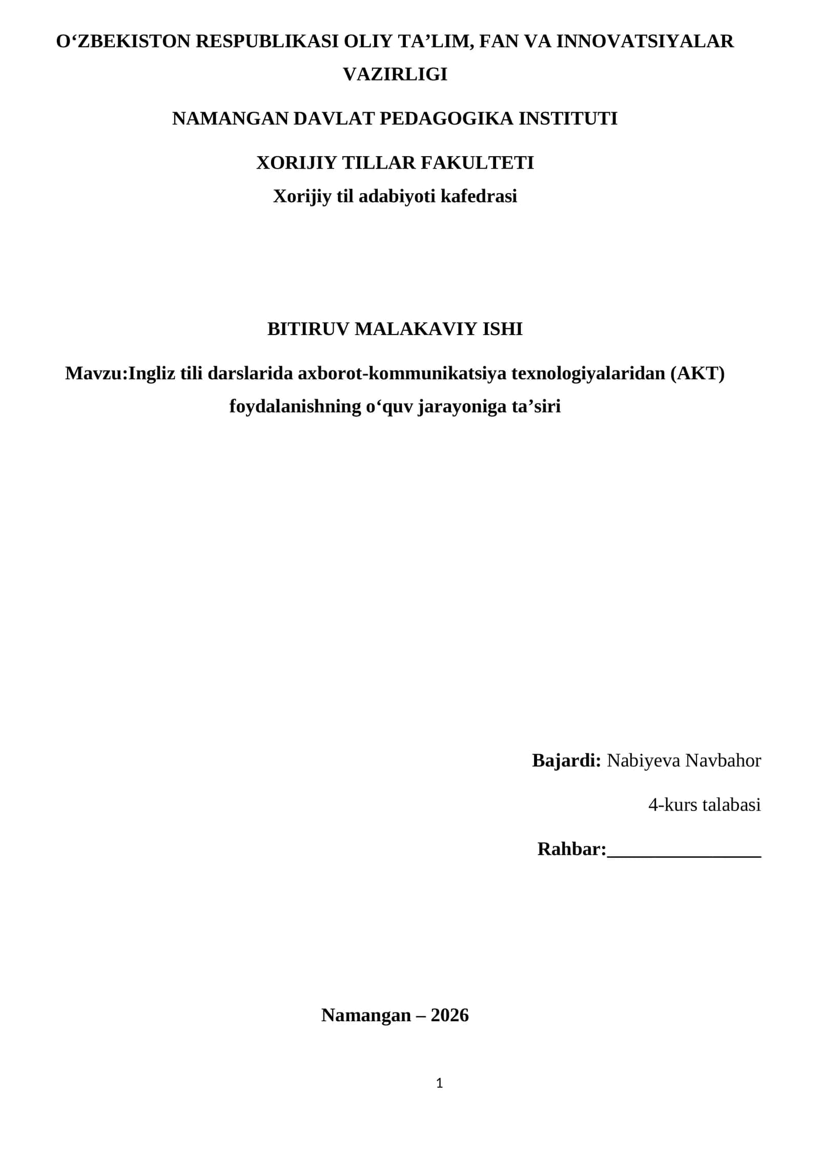 Ingliz tili darslarida axborot-kommunikatsiya texnologiyalaridan (AKT) foydalanishning o‘quv jarayoniga ta’siri 1