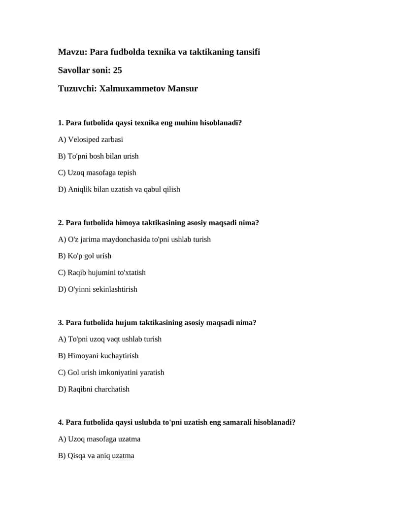 Para fudbolda texnika va taktikaning tansifi 1