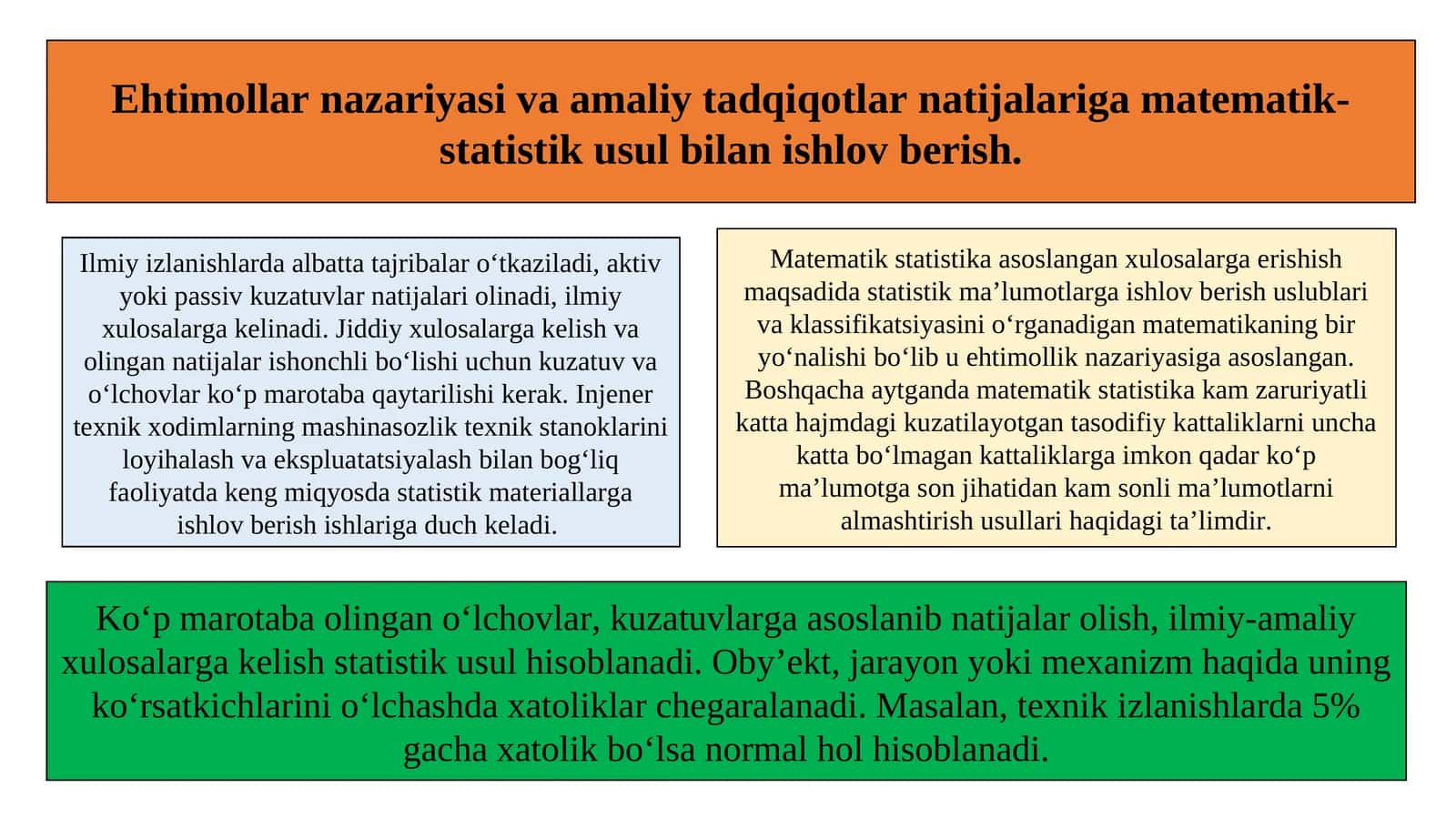 Ehtimollar nazariyasi va amaliy tadqiqotlar natijalariga matematik-statistik usul bilan ishlov berish 1