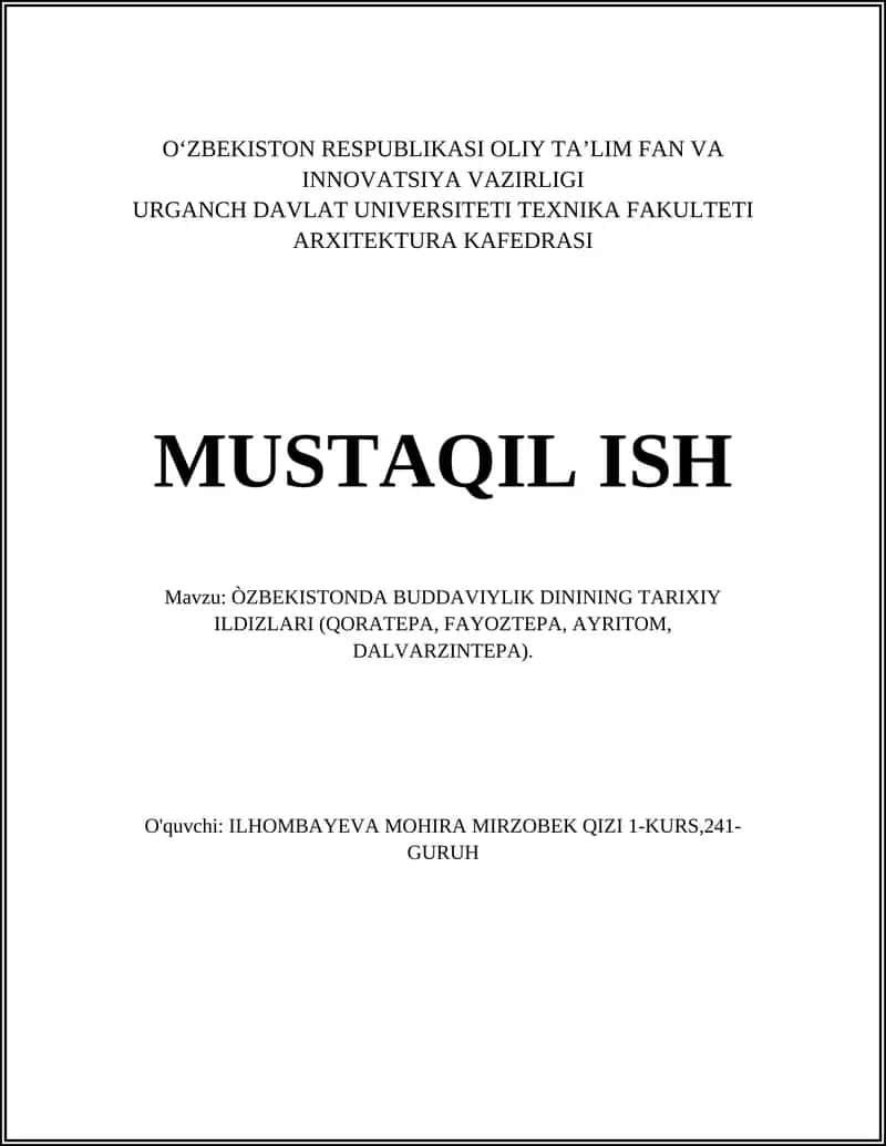 ÒZBEKISTONDA BUDDAVIYLIK DININING TARIXIY ILDIZLARI (QORATEPA, FAYOZTEPA, AYRITOM, DALVARZINTEPA) 1