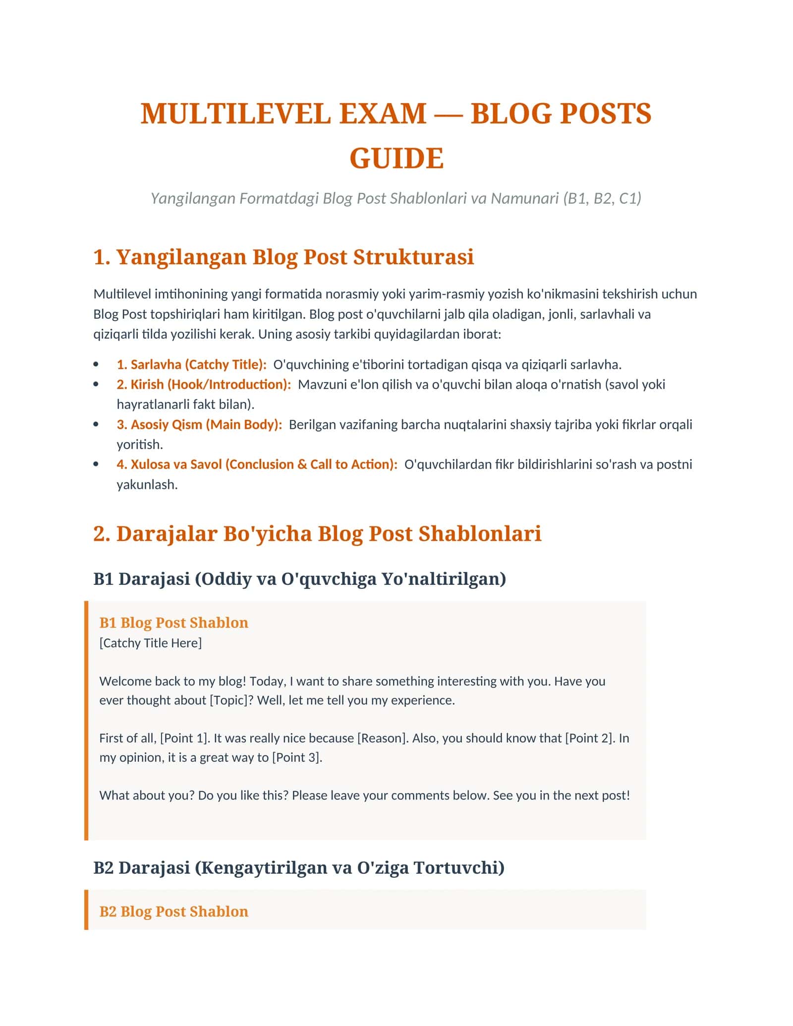 Yangilangan Formatdagi Blog Post Shablonlari va Namunari (B1, B2, C1) 1