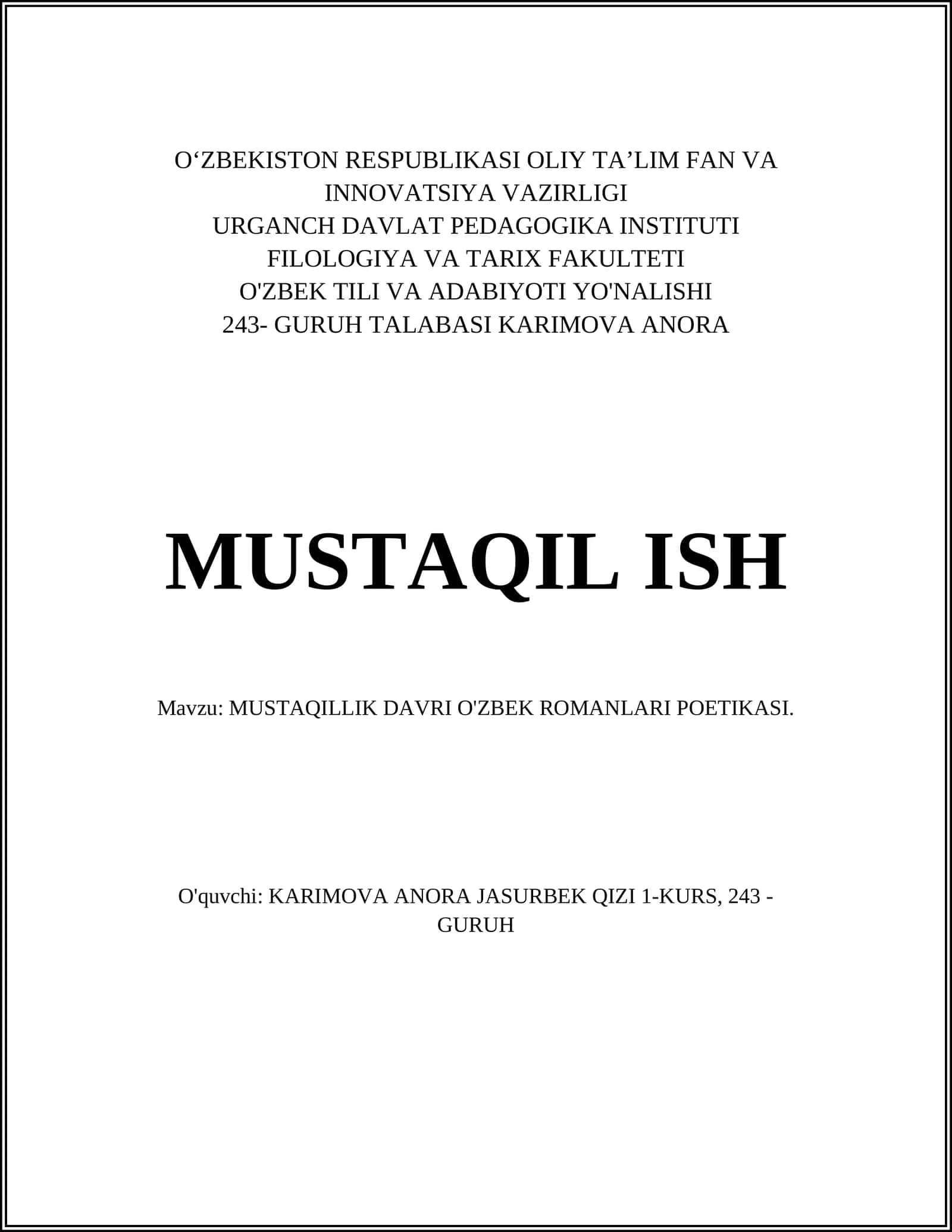 MUSTAQILLIK DAVRI O'ZBEK ROMANLARI POETIKASI 1
