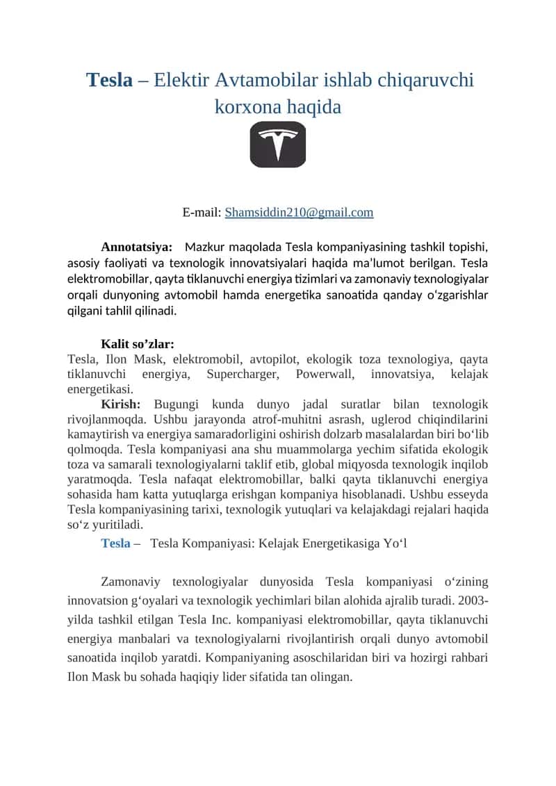 Tesla Elektir Avtomobilar 1