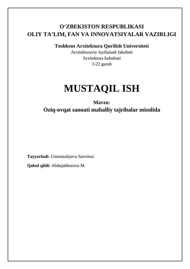 Oziq-ovqat sanoati mahalliy tajribalar misolida 1