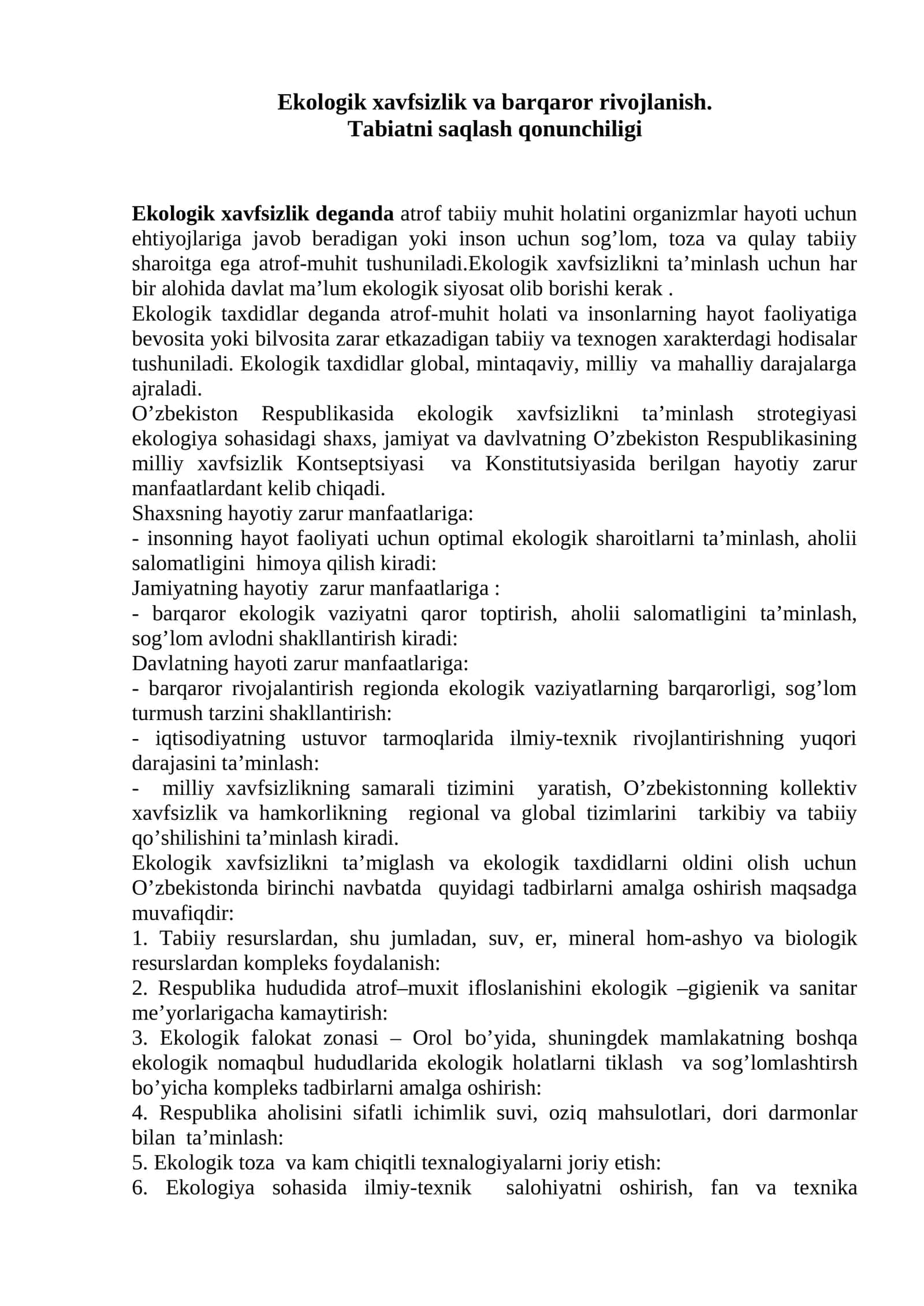 Ekologik xavfsizlik va barqaror rivojlanish 1