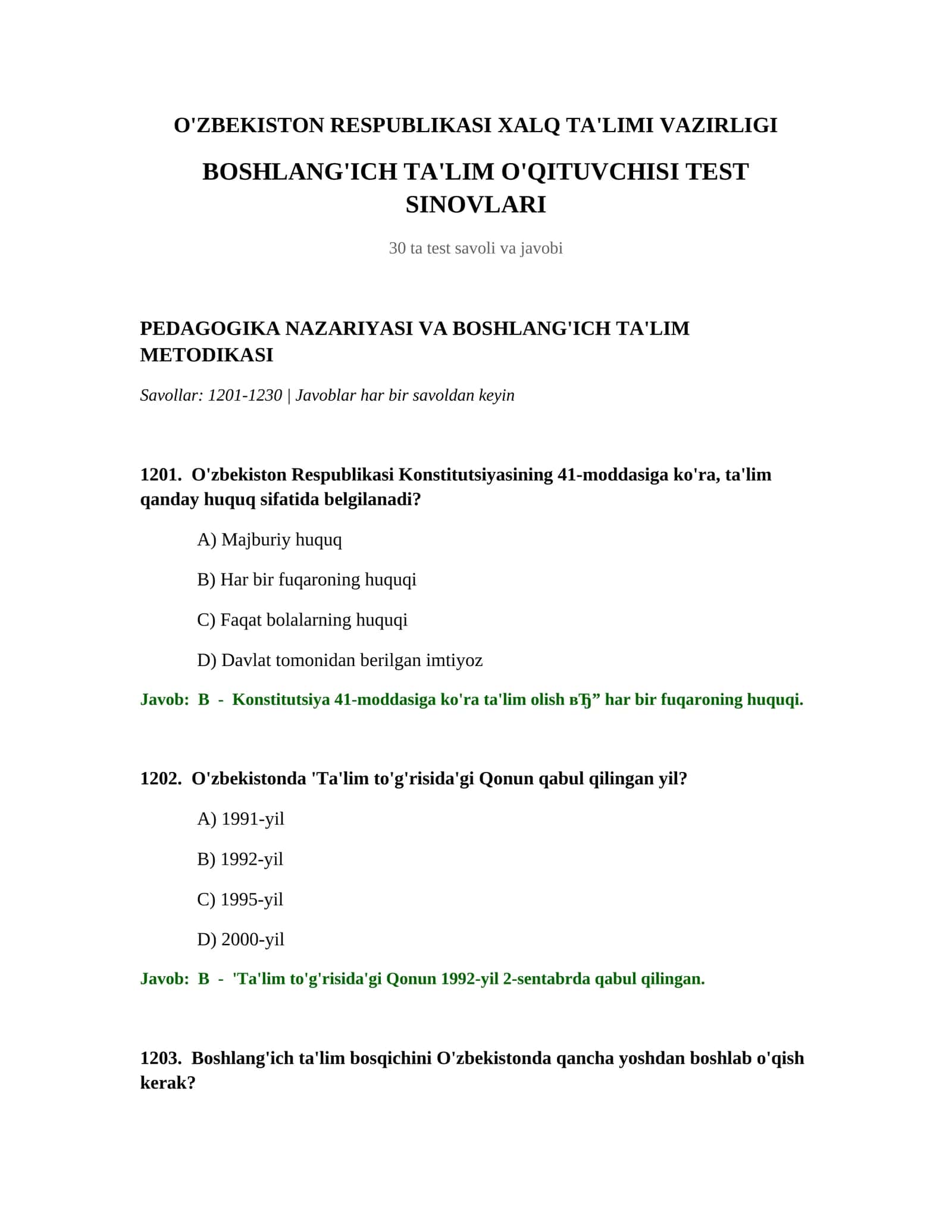 BOSHLANG'ICH TA'LIM O'QITUVCHISI TEST SINOVLARI 1