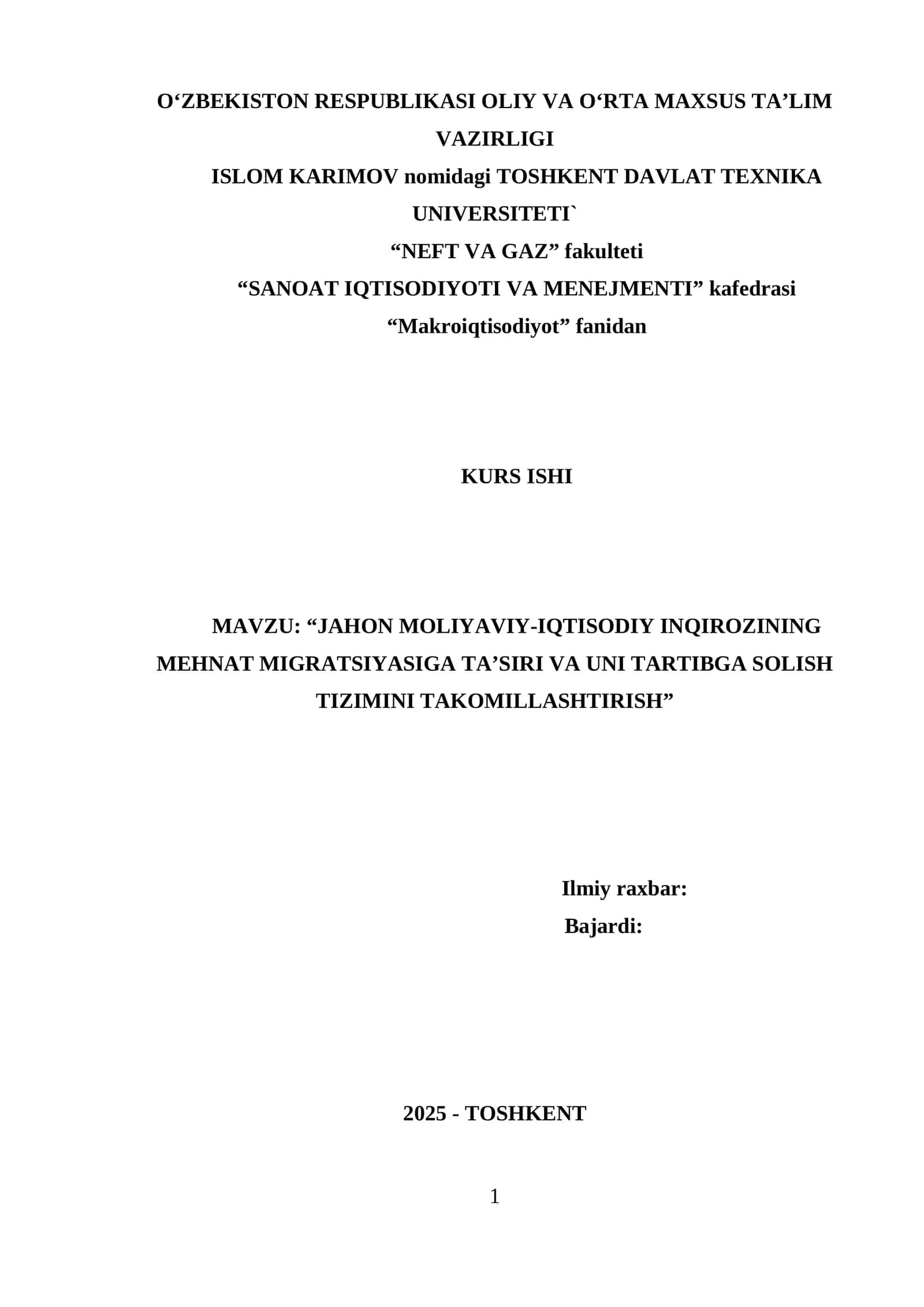 JAHON MOLIYAVIY-IQTISODI INQIROZINING MEHNAT MIGRATSIYASIGA TA’SIRI VA UNI TARTIBGA SOLISH TIZIMINI TAKOMILLASHTIRISH 1