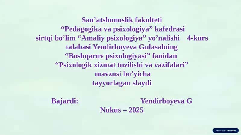 Psixologik xizmat tuzilishi va vazifalari 1