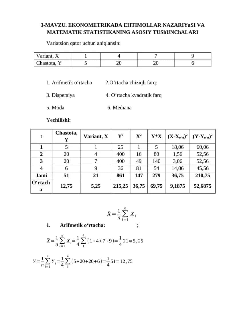 EKONOMETRIKADA EHTIMOLLAR NAZARIYASI VA MATEMATIK STATISTIKA 1