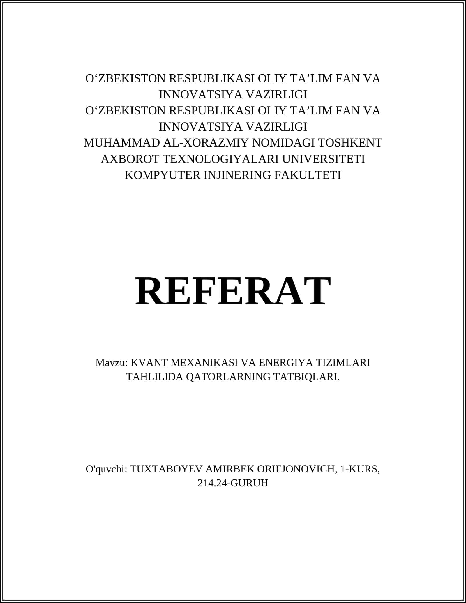 KVANT MEXANIKASI VA ENERGIYA TIZIMLARI TAHLILIDA QATORLARNING TATBIQLARI 1