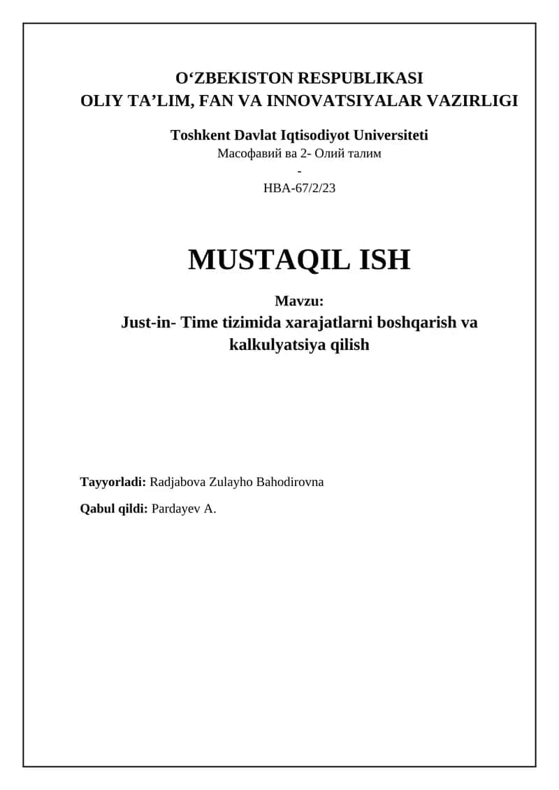 Just-in-Time tizimida xarajatlarni boshqarish va kalkulyatsiya qilish 1