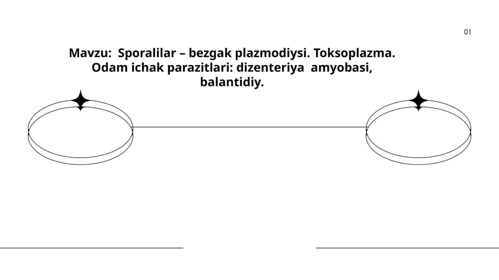 Sporalilar – bezgak plazmodiysi. Toksoplazma. Odam ichak parazitlari: dizenteriya amyobasi, balantidiy 1