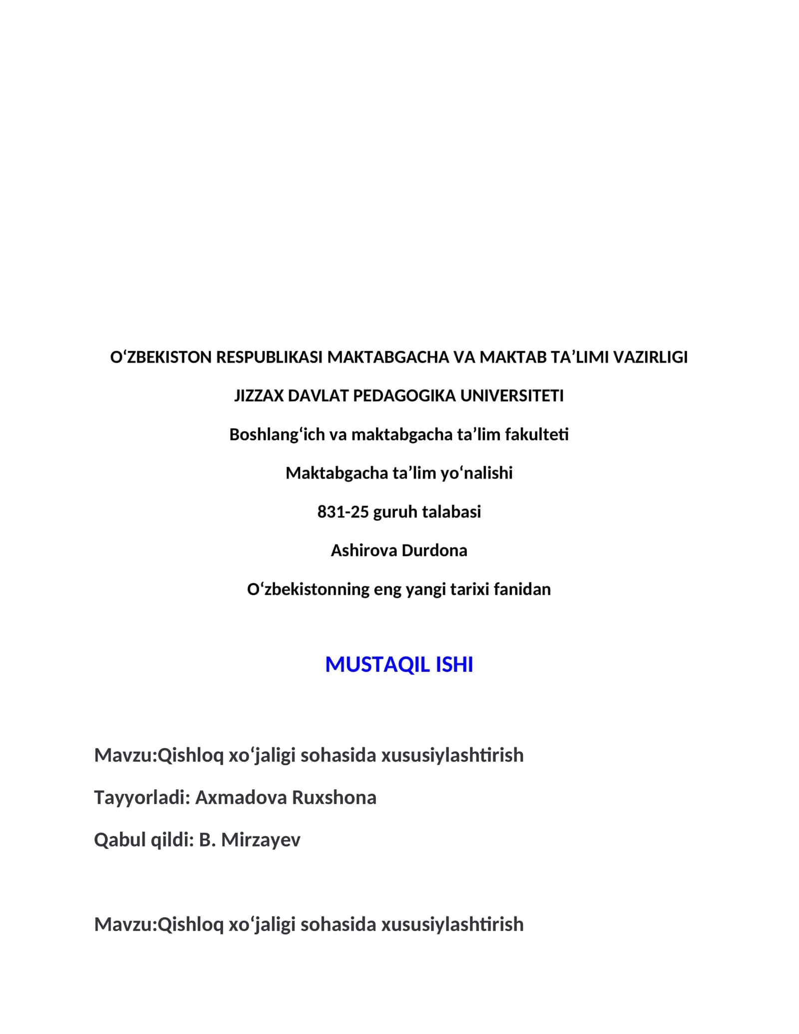 Qishloq xoʻjaligi sohasida xususiylashtirish 1