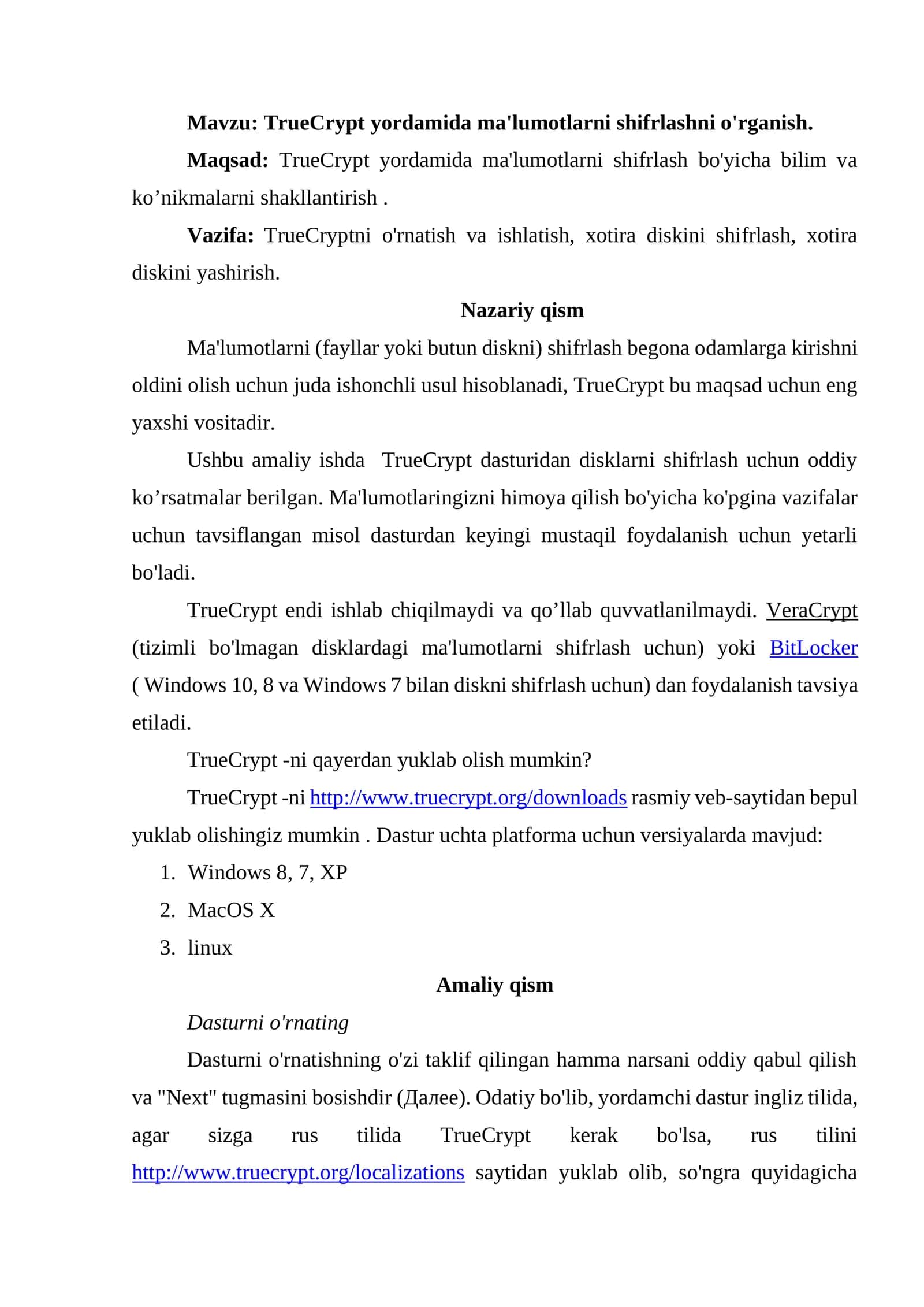 TrueCrypt yordamida ma'lumotlarni shifrlashni o'rganish 1