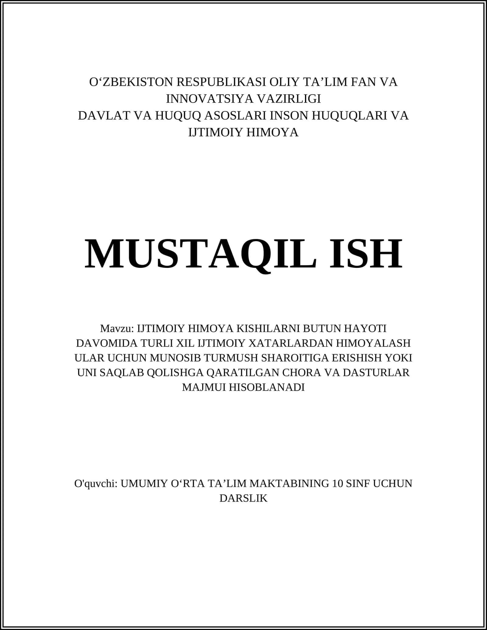 IJTIMOIY HIMOYA KISHILARNI BUTUN HAYOTI DAVOMIDA TURLI XIL IJTIMOIY XATARLARDAN HIMOYALASH ULAR UCHUN MUNOSIB TURMUSH SHAROITIGA ERISHISH YOKI UNI SAQLAB QOLISHGA QARATILGAN CHORA VA DASTURLAR MAJMUI HISOBLANADI 1