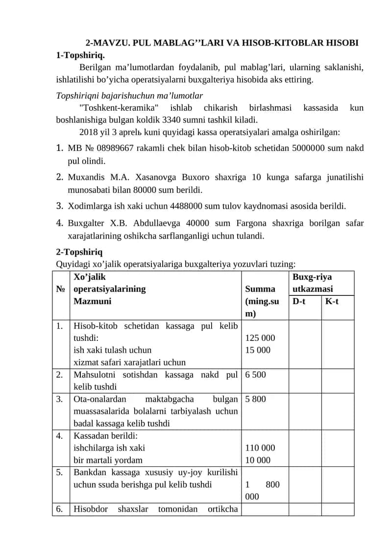 PUL MABLAG’’LARI VA HISOB-KITOBLAR HISOBI 1