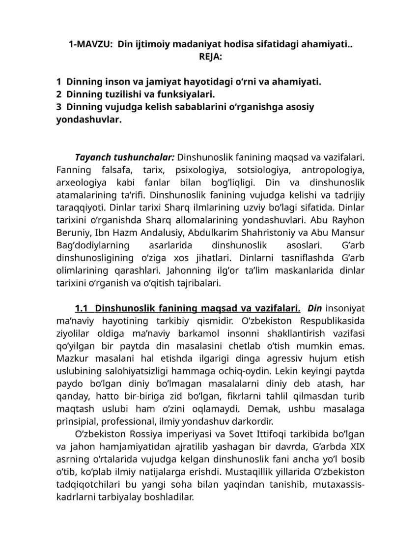 Dinshunoslik fanining maqsad va vazifalari 1