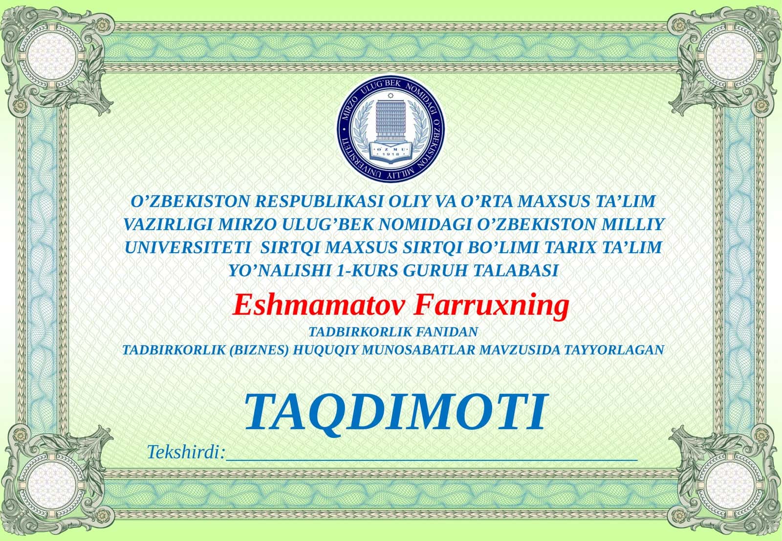 TADBIRKORLIK (BIZNES) HUQUQIY MUNOSABATLAR 1