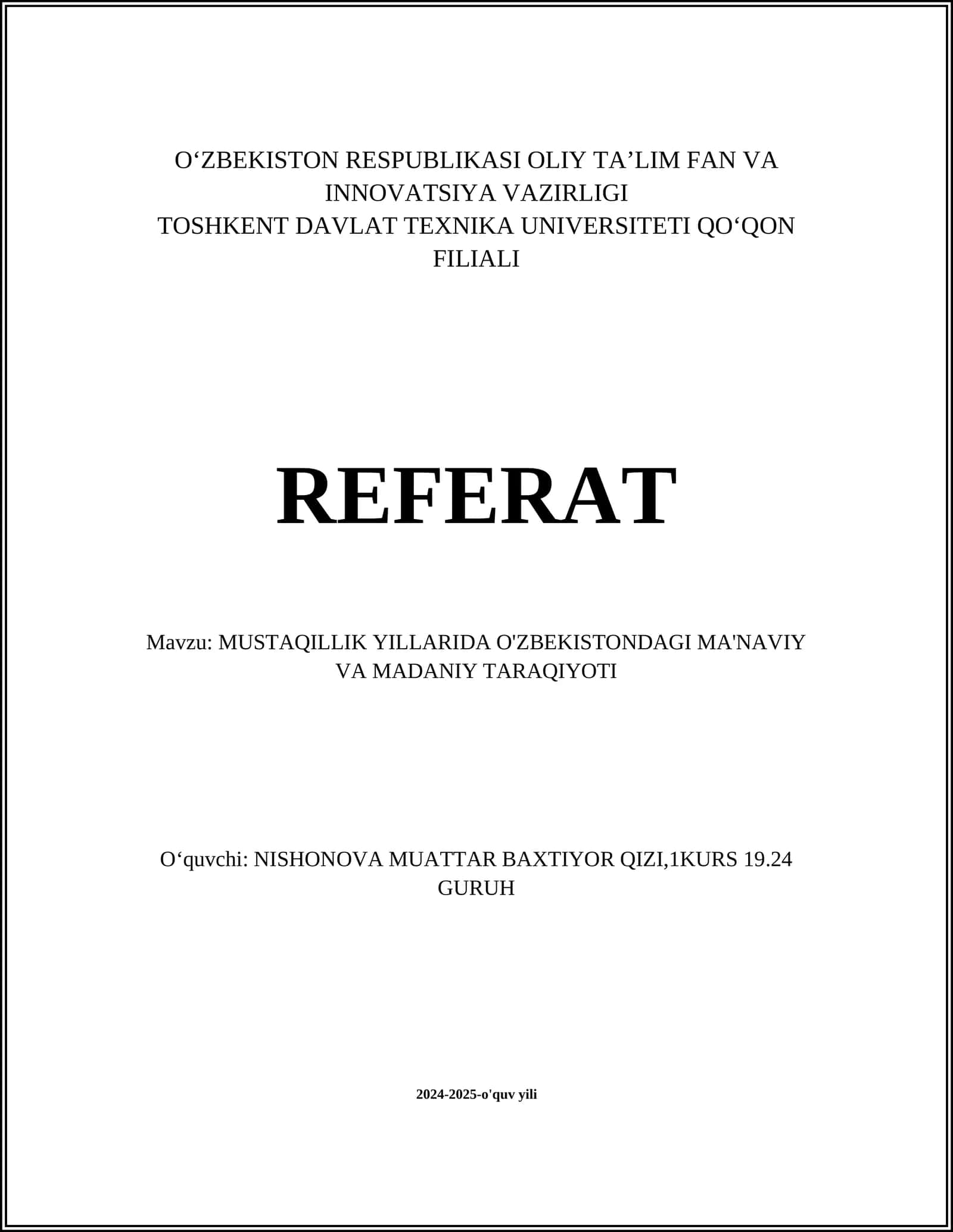 O‘ZBEKISTON RESPUBLIKASI OLIY TA’LIM FAN VA INNOVATSIYA VAZIRLIGI REFERAT 1