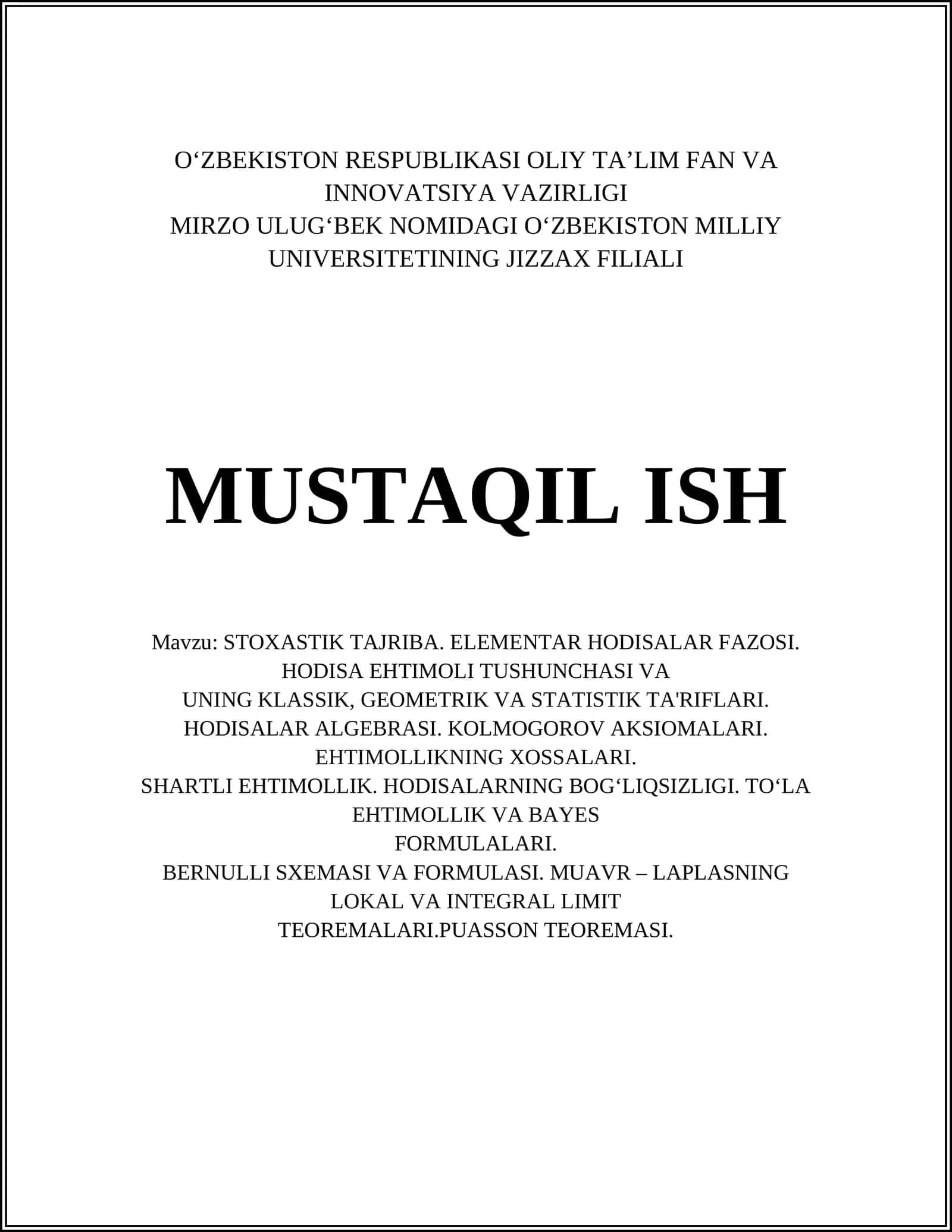 STOXASTIK TAJRIBA. ELEMENTAR HODISALAR FAZOSI. HODISA EHTIMOLI TUSHUNCHASI VA UNING KLASSIK, GEOMETRIK VA STATISTIK TA'RIFLARI 1