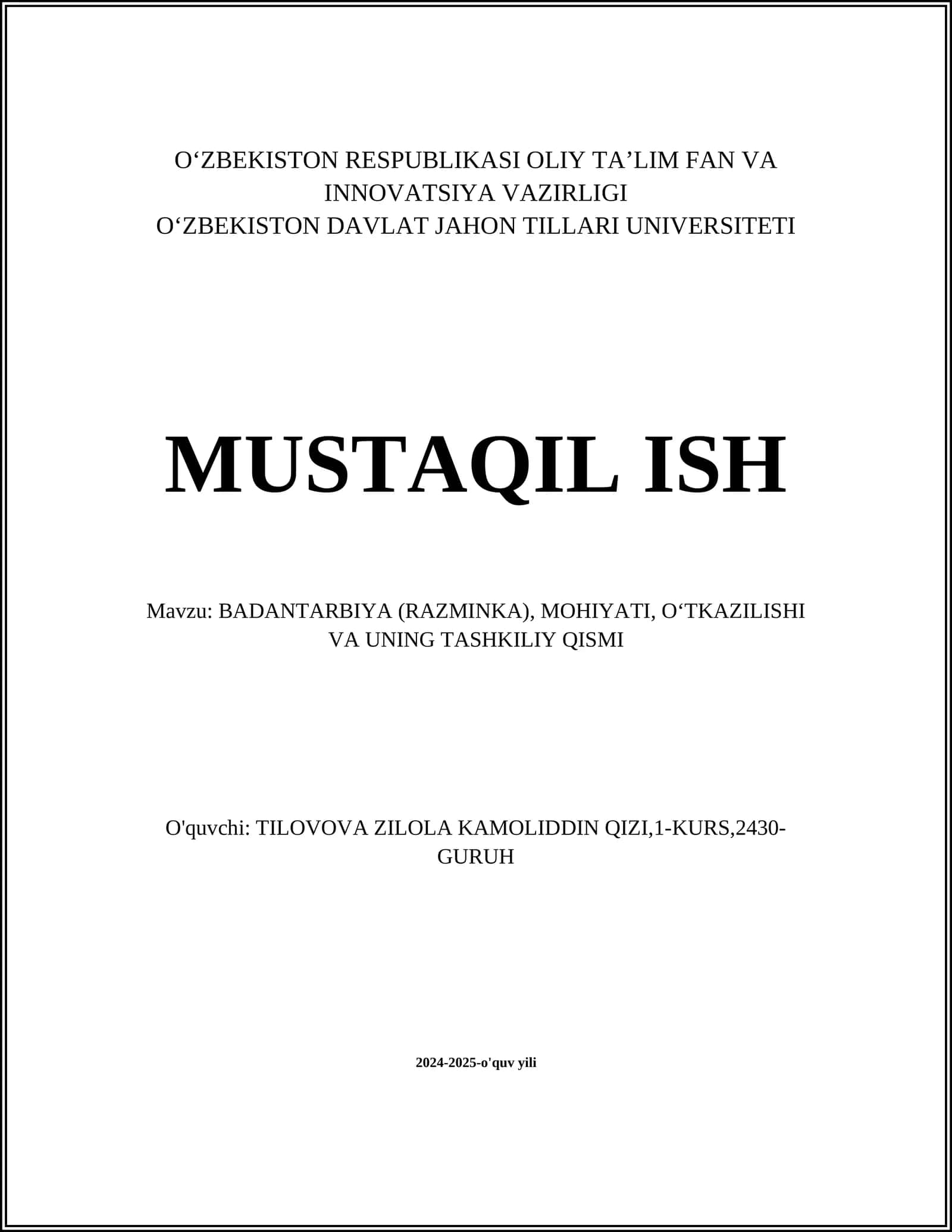 BADANTARBIYA (RAZMINKA), MOHIYATI, OʻTKAZILISHI VA UNING TASHKILIY QISMI 1