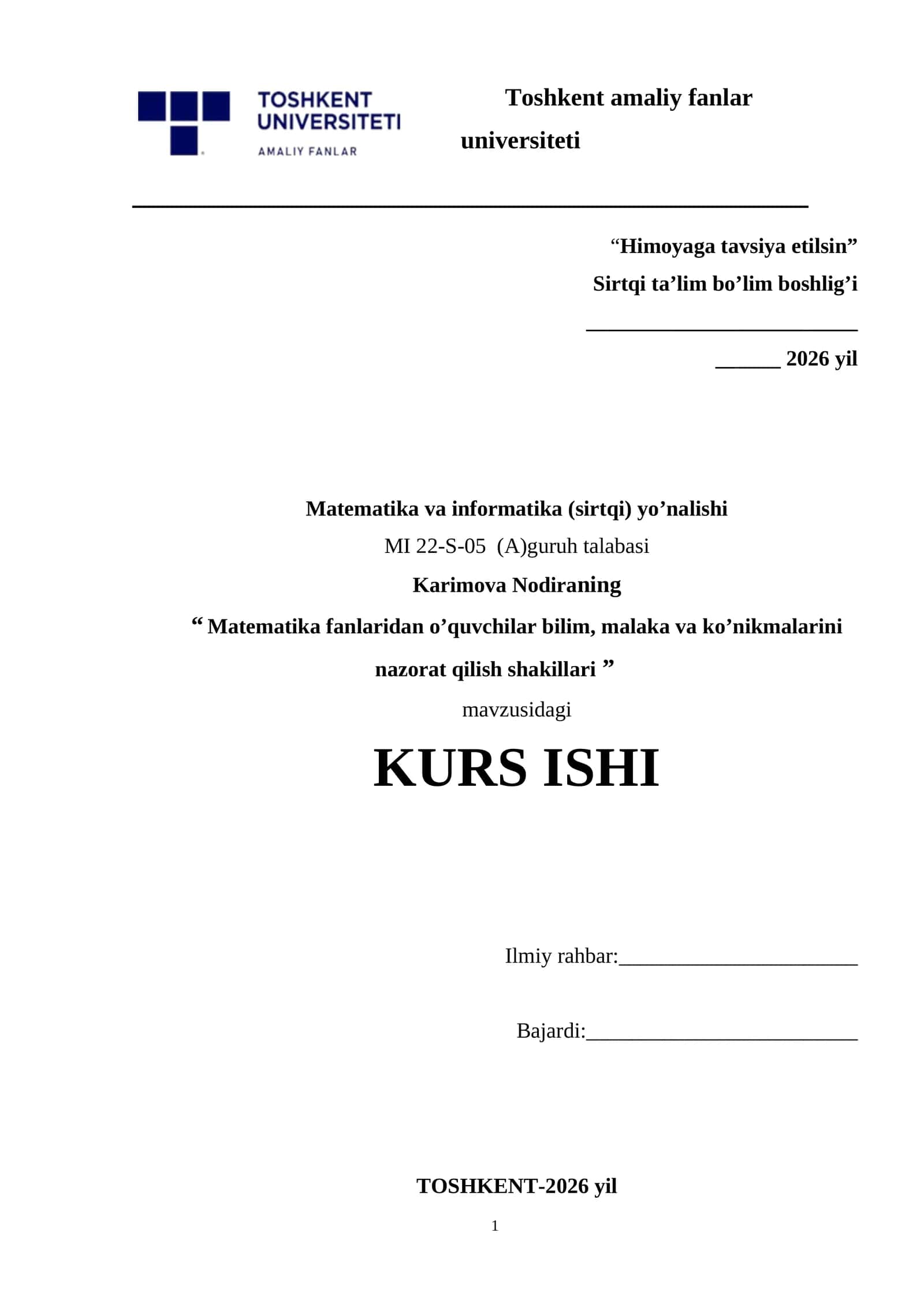 Matematika fanlaridan o’quvchilar bilim, malaka va ko’nikmalarini nazorat qilish shakillari .docx 1
