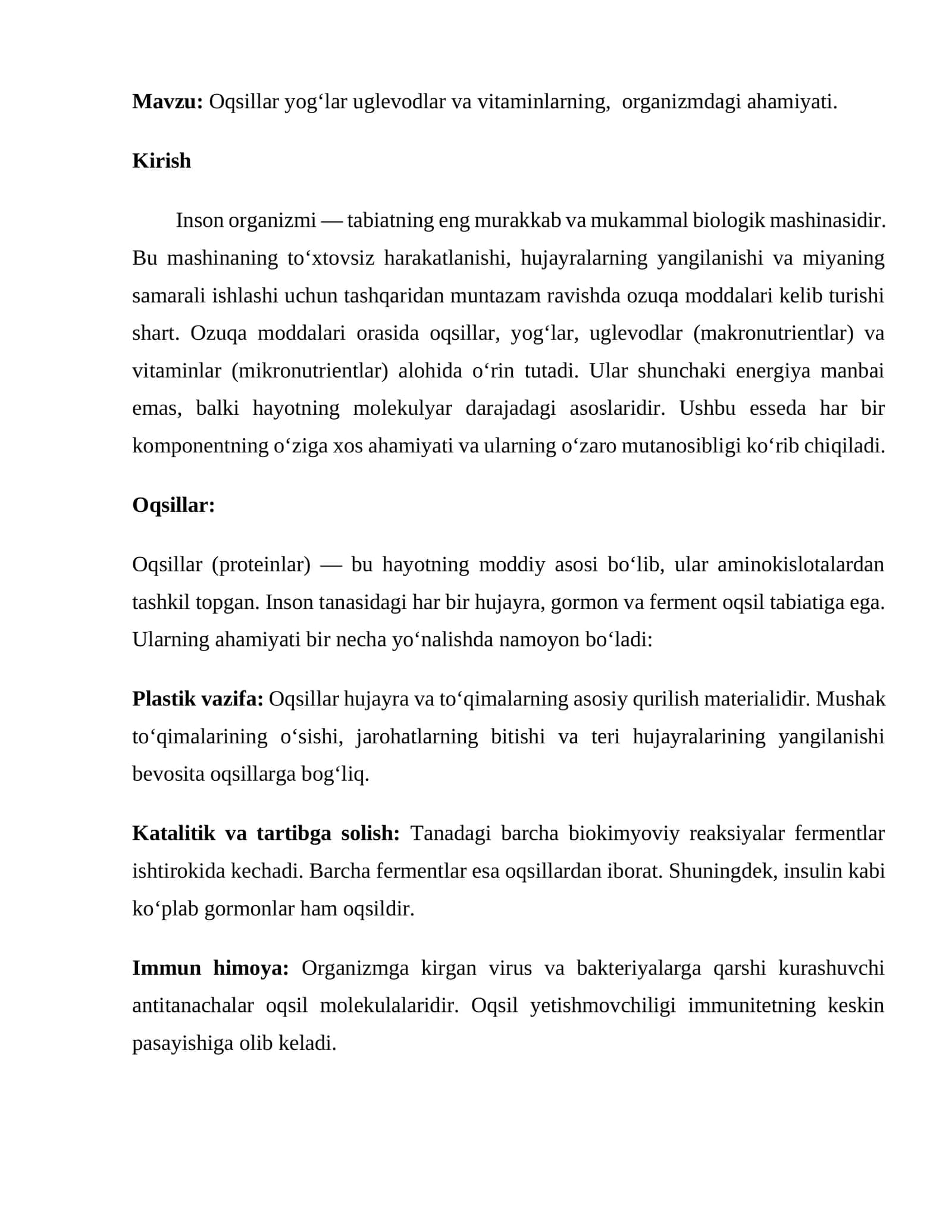 Oqsillar yog‘lar uglevodlar va vitaminlarning, organizmdagi ahamiyati 1