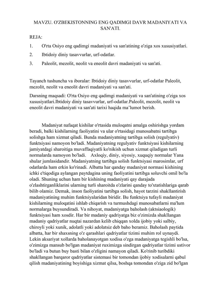 O'ZBEKISTONNING ENG QADIMGI DAVR MADANIYATI VA SAN'ATI. 1