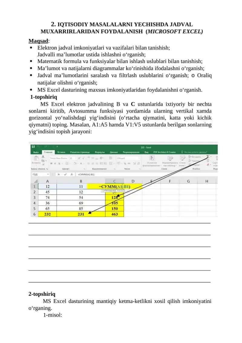 IQTISODIY MASALALARNI YECHISHDA JADVAL MUXARRIRLARIDAN FOYDALANISH (MICROSOFT EXCEL) 1